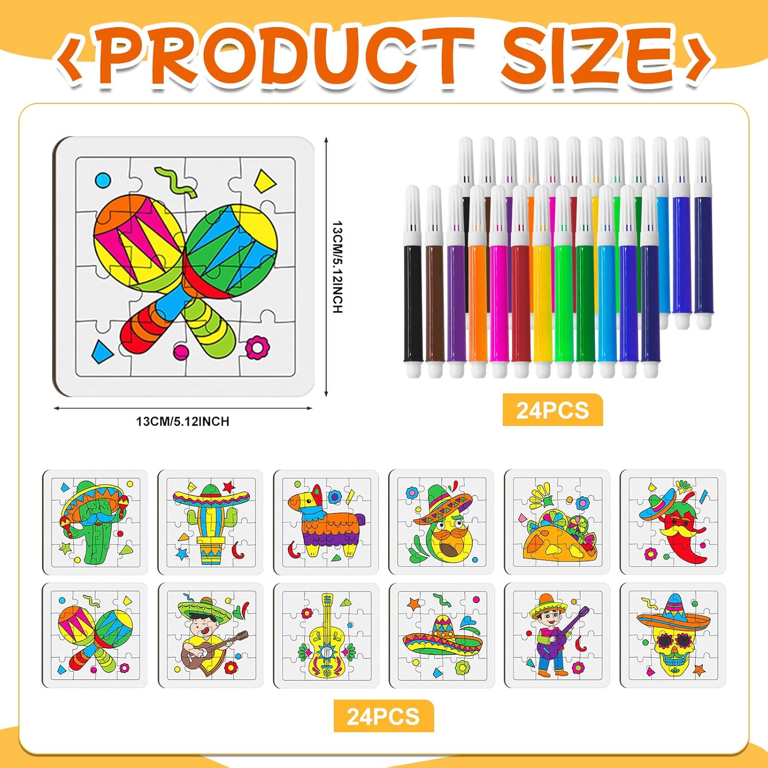 Cinrobiye 24 Pcs Mexican Coloring Jigsaw Puzzles Bulk DIY Mexico Carnival Puzzle Crafts with Color Pens Fiesta Mexican Gift for Holiday School Art Project Game Prizes Cinco De Mayo Party Favor Decors