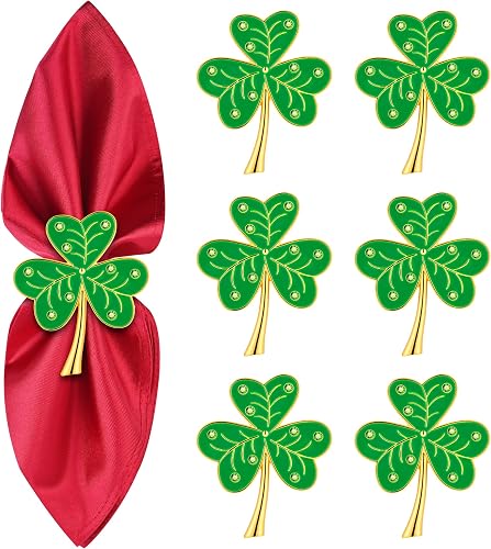 Set of 6 Green Clover Napkin Rings, Metal Shamrock Napkin Rings for Dinner Table