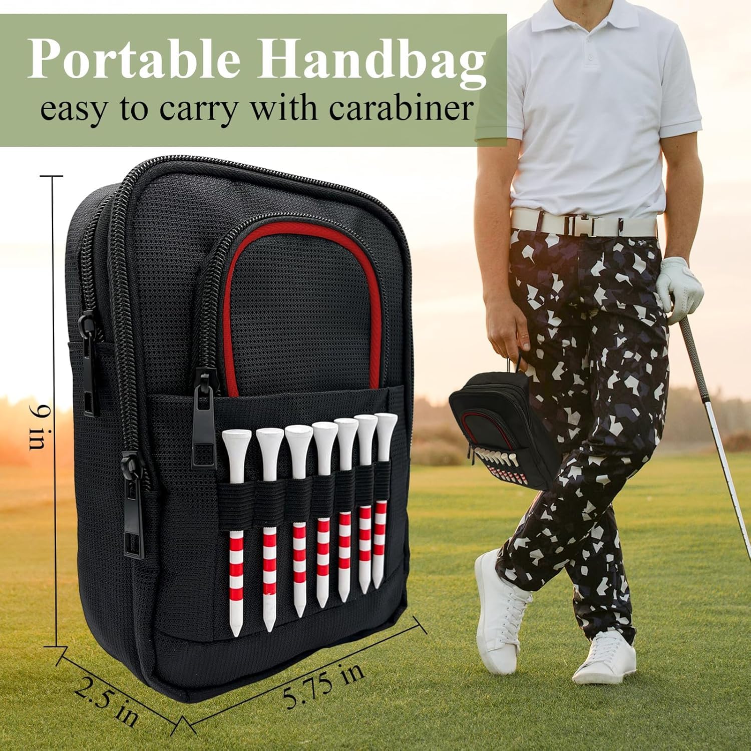Golf-Wertsachen-Tasche – Golfball-Tasche, tragbarer Organizer, große Golf-Zubehör-Tasche für Gadgets, wie Golfbälle, Tees, Ballmarkt – Golf-Geschenk für Männer und Frauen (roter Rand)