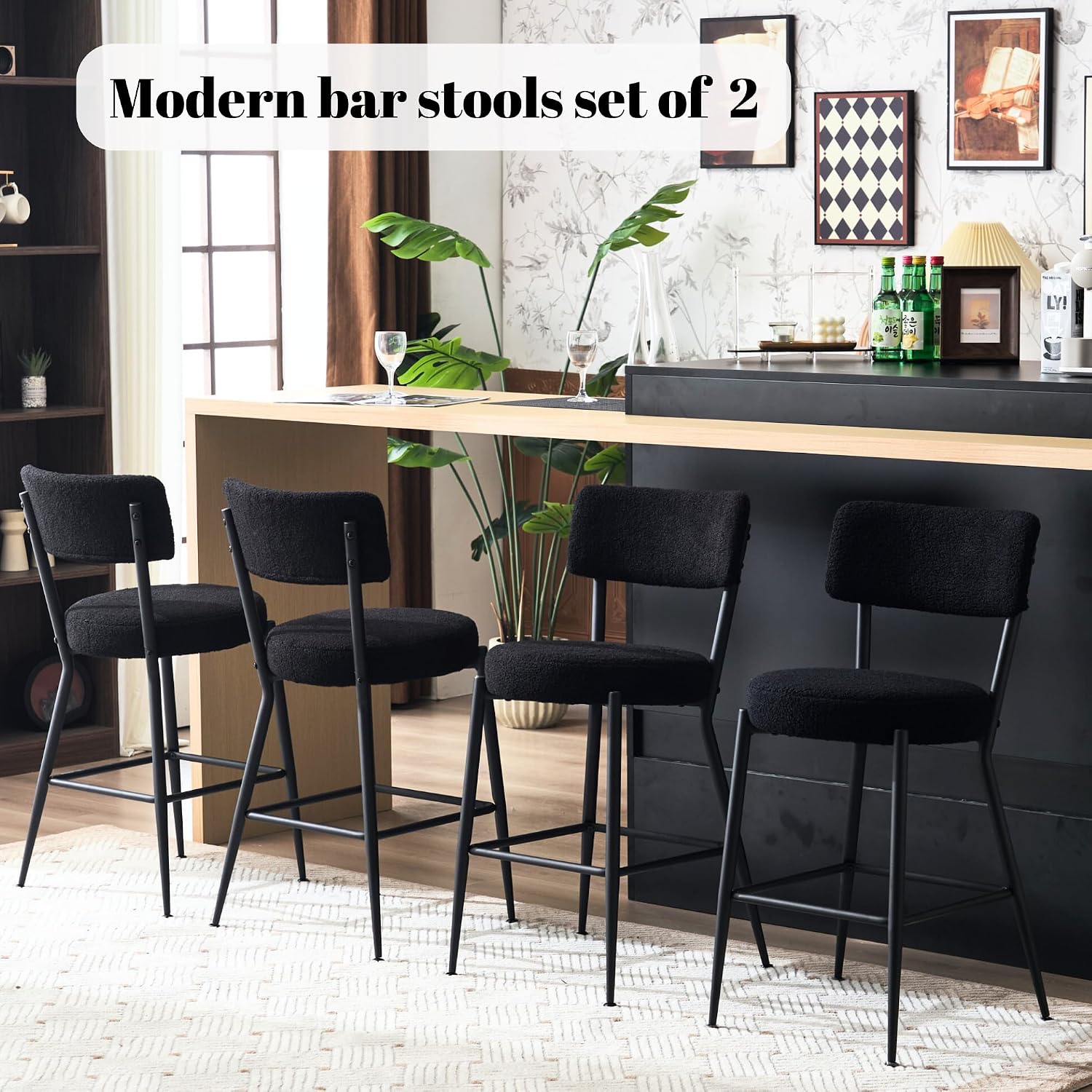 Bar Stools Set of 2,Teddy Fabric Upholstered Counter Stools with Back,Dining Bar Chairs Upholstered Modern Bar Stool with Metal Legs and Footrest for Kitchen Island, Bar, Dining Room (Set of 2, Black)