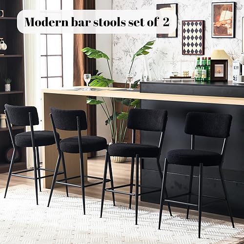 Miniatura 7 de Juego de 2 taburetes de bar tapizados de tela de peluche con respaldo, sillas de bar de comedor tapizadas modernas con patas de metal y reposapiés