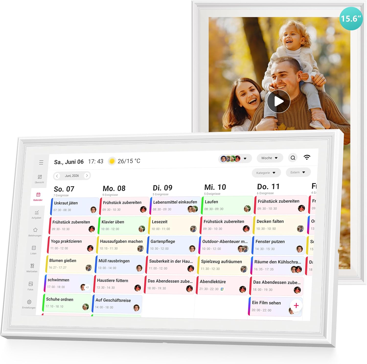 29,00€ Coupon! Airzeen Digitaler Kalender, 15.6" Elektronischer Wandkalender für Familienplaner, Tag, Woche, Monat Planer, Touchscreen Familienkalender mit Bilderrahmen, Aufgaben, Belohnungen, Mahlzeiten, Listen