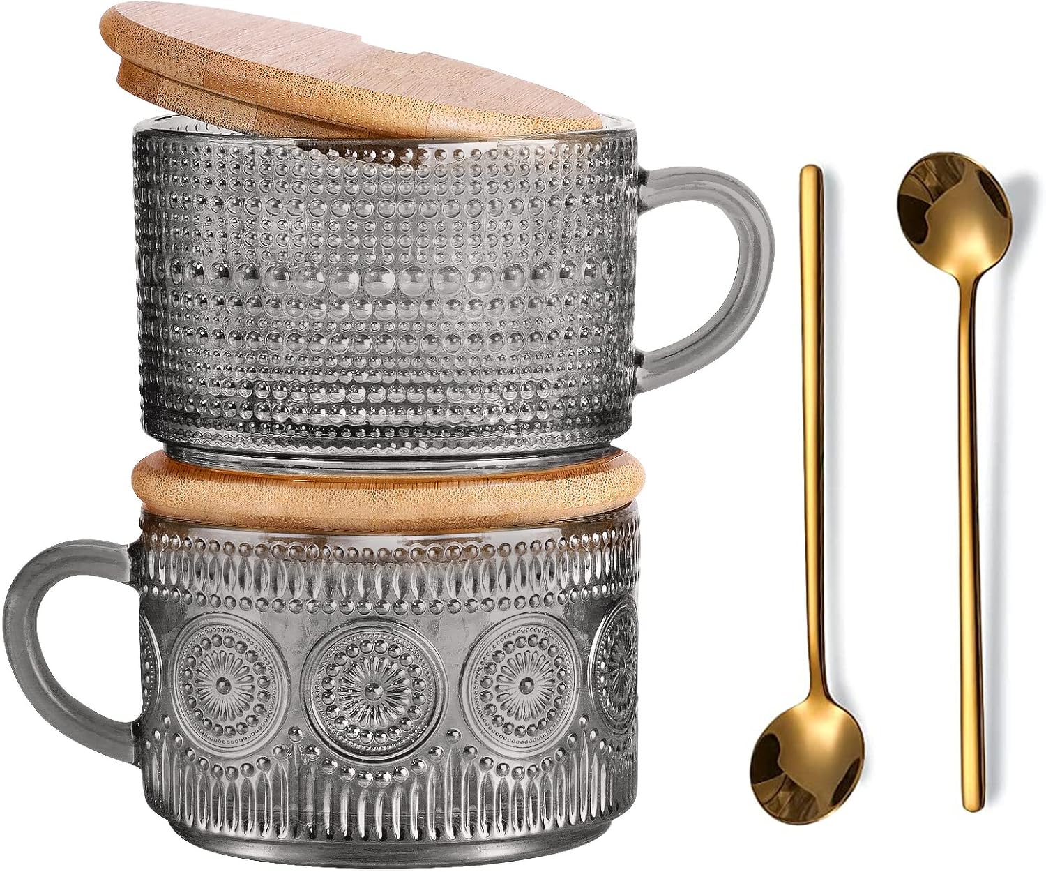 Vintage Glass Coffee Mugs, 14 Oz Set of 2 Embossed Glassware Tea Cups for Breakfast, Dessert, Cappuccino, Latte, Cereal, Yogurt, Beverage Gift