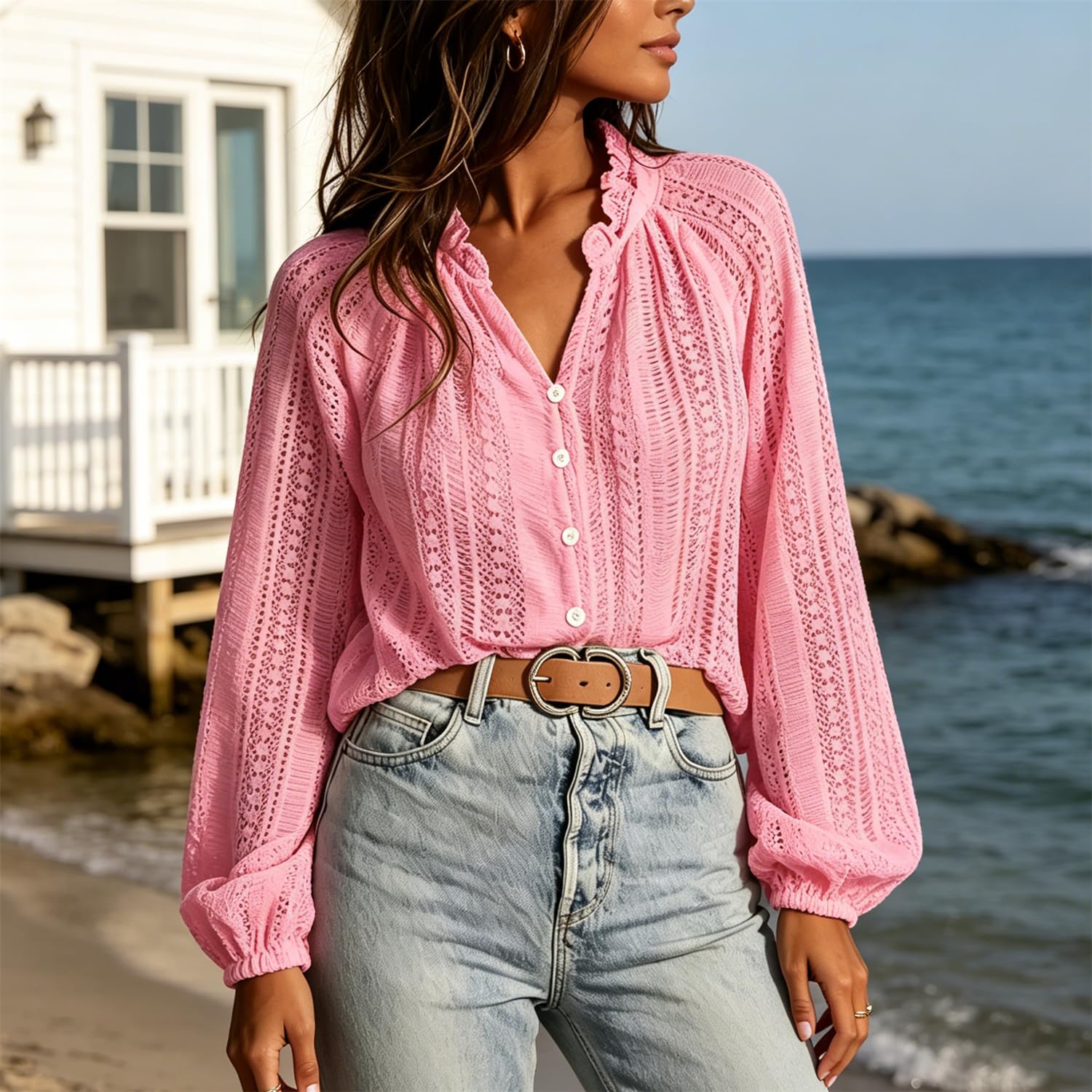Top Estivo Casual in Maglia Traforata con Bottoni: Blusa Elegante con Scollo a V, Dettagli all'Uncinetto e Maniche Lunghe a Lanterna