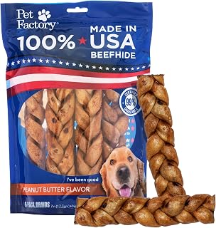 Pet Factory 7in Braided Beefhide Peanut Butter Rawhide Chews for Medium Dogs - USA Made Long Lasting Dental Sticks, 6 Pack