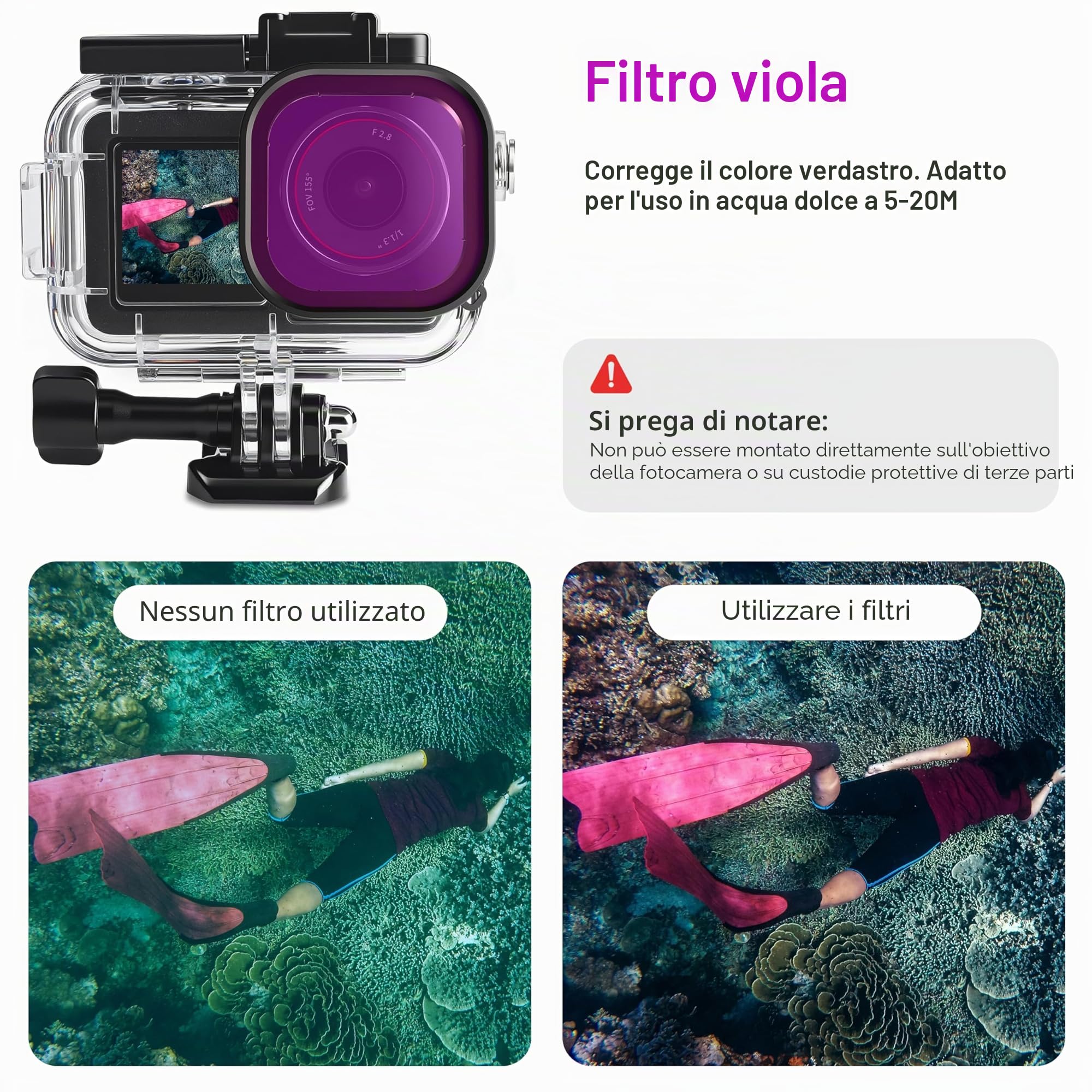 FitStill Custodia impermeabile da 50 m, 3 filtri e impugnatura galleggiante, compatibile con DJI Osmo Action 5 Pro, 4, 3, snorkeling, surf, wakeboard, kit di accessori