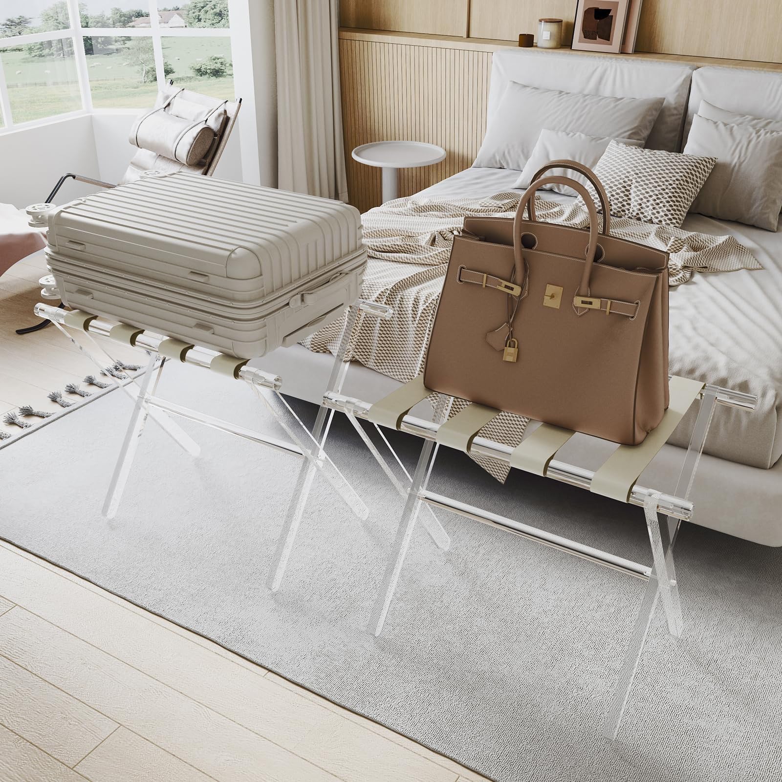 Porte-Bagages en Acrylique for Chambre d'amis - Support De Valise Pliable avec Sangles en Cuir for Chambre À Coucher,Robuste, Support De Valise Pliable, Léger Et Peu Encombrant(B)