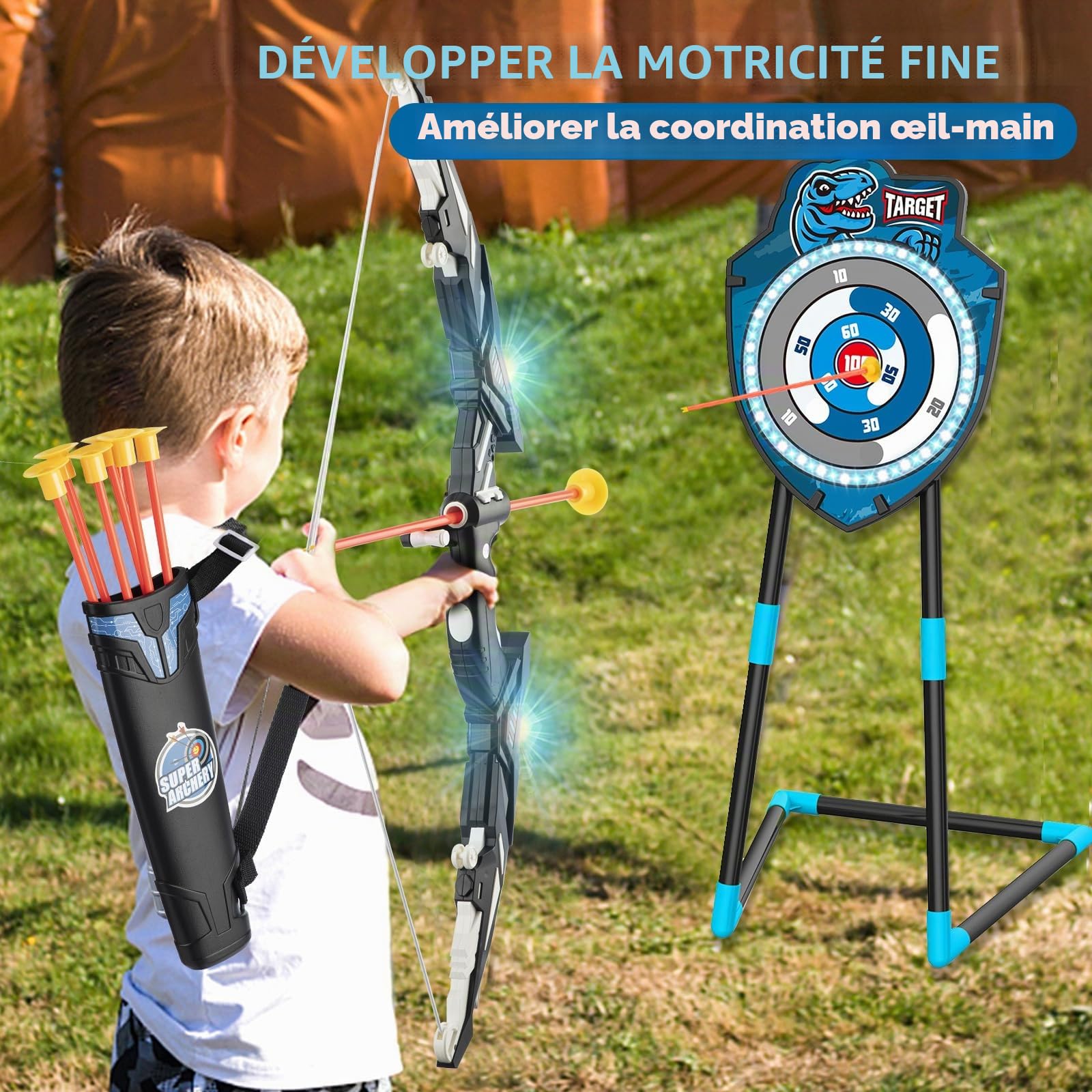 VROGTIK Kit de tir à l'arc à LED avec arc et flèches pour enfants de 4 à 12 ans, jouet de sport de plein air, garçons et filles