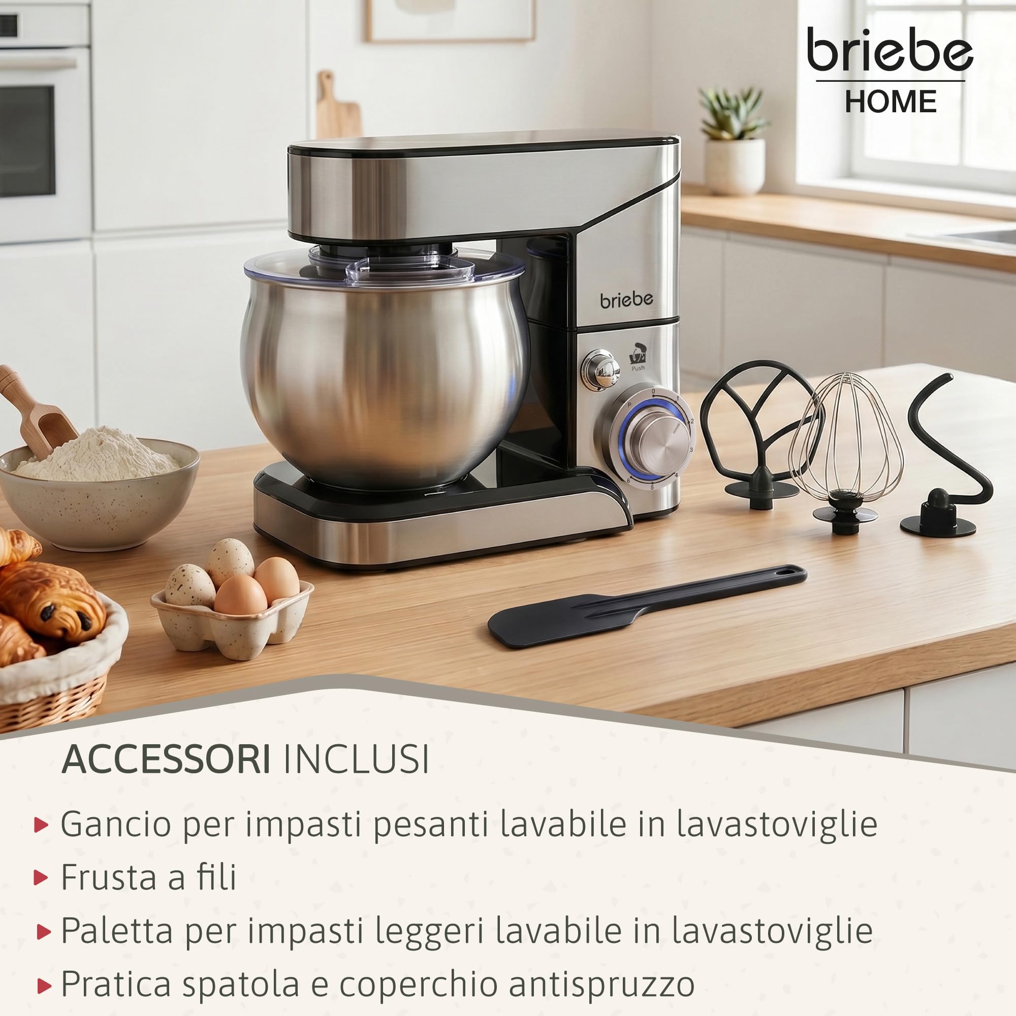 briebe Impastatrice Planetaria Professionale per Pasticceria 1800W MAX, Robot da Cucina Orbitale, Frusta, Gancio Impastatore, Ciotola 5 L, 6 Velocità + Funzione Pulse, Inox KM1114