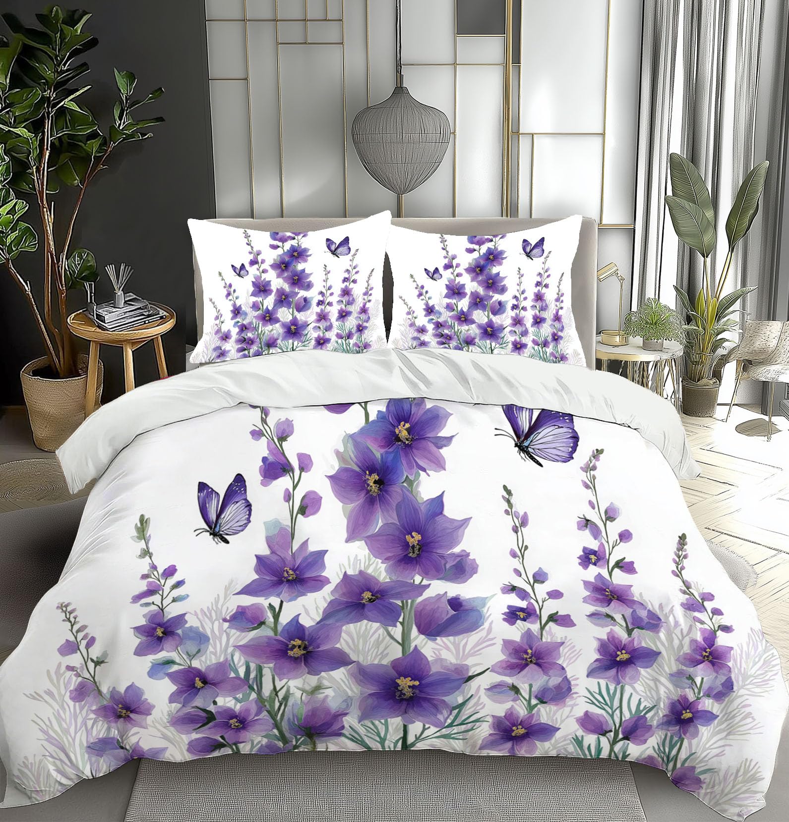 Housse de couette 220x240 delphinium violette avec taies d'oreiller imprimé papillon aquarelle
