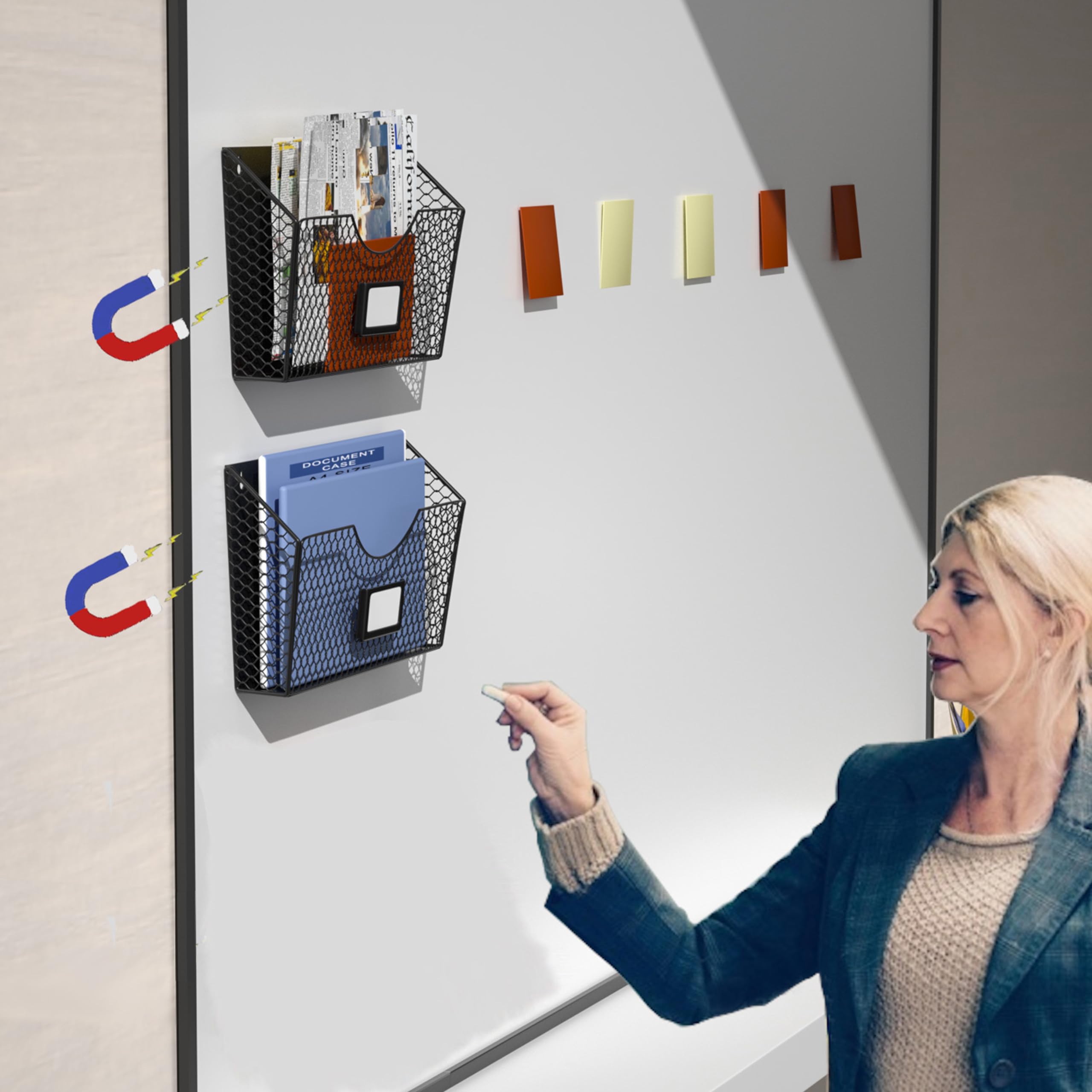 2 Pocket Magnetic File Holder - Multi-Surface Organizer, Whiteboard, Refrigerator, Mail & Folder Holder, Wall Mount (BLACK)