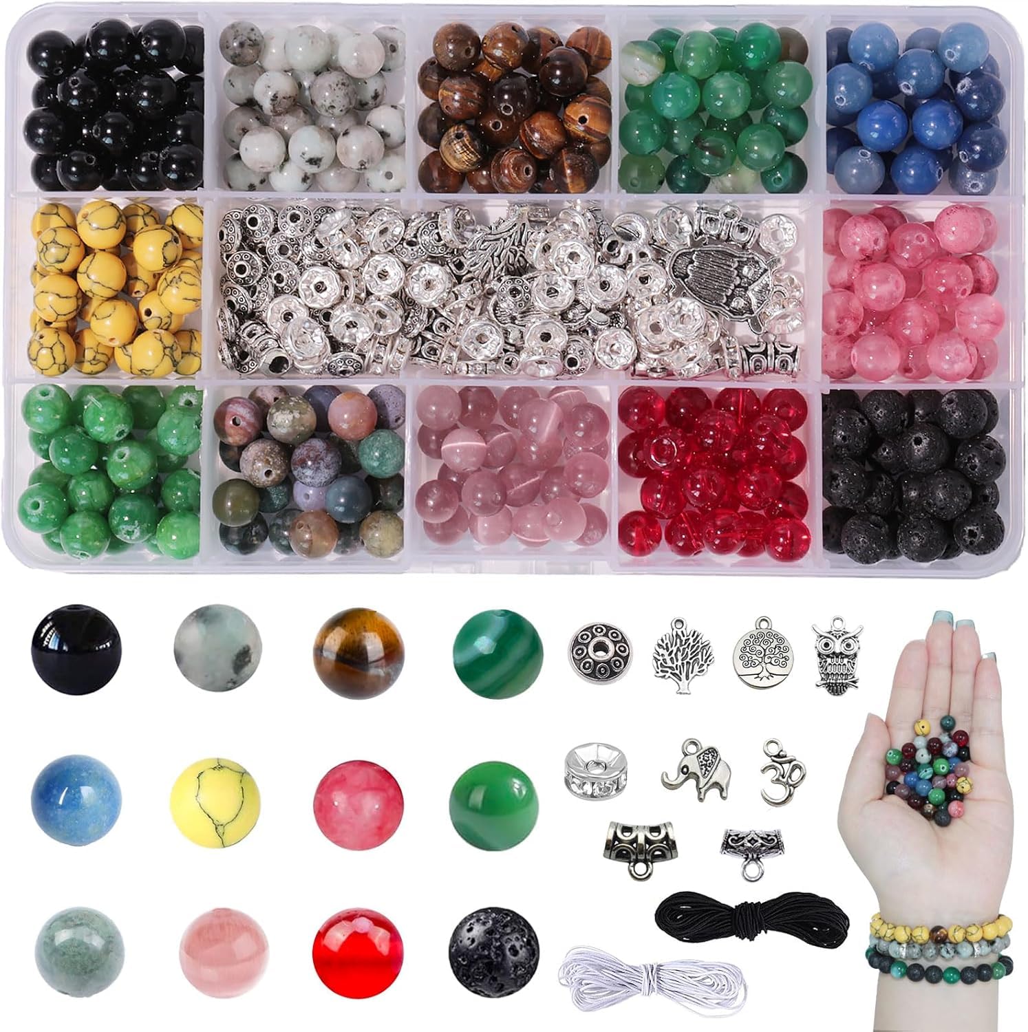 Natural Stone Beads for Bracelet Making, 8mm Round Crystal Beads 12 Color Gemstone Bead Jewelry Making Kit with Accessories for Jewelry Bracelets Necklace Earring Making, DIY Craft kit