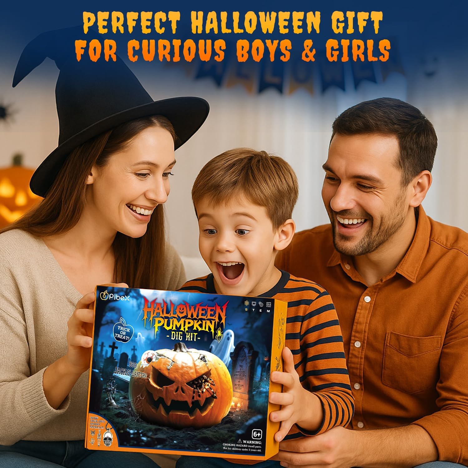PIBEX Spooky Pumpkin Dig Kit – Excavation Science Kit with 14 Hidden Treasures (4 Metal Charms + 10 Creepy Minis) DIY Necklace Craft & Archaeology Adventure Toy for Kids Ages 6+
