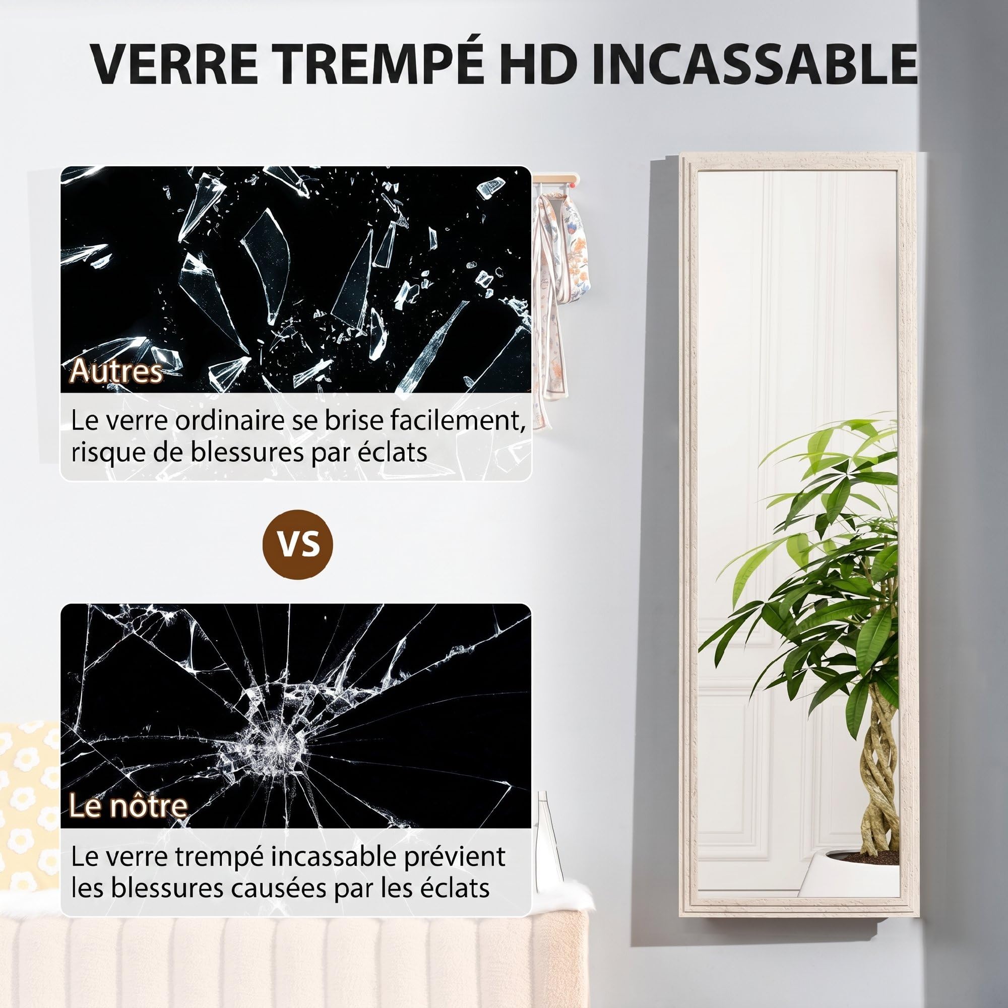 HOMCOM Miroir sur Pied Rectangulaire 160 x 50 cm, Cadre Texturé à Effet Pierre, Angle d'Inclinaison Réglable, Anti-Éclats, Miroir Intégral pour Mur, sur Pied, Appuyé, Blanc