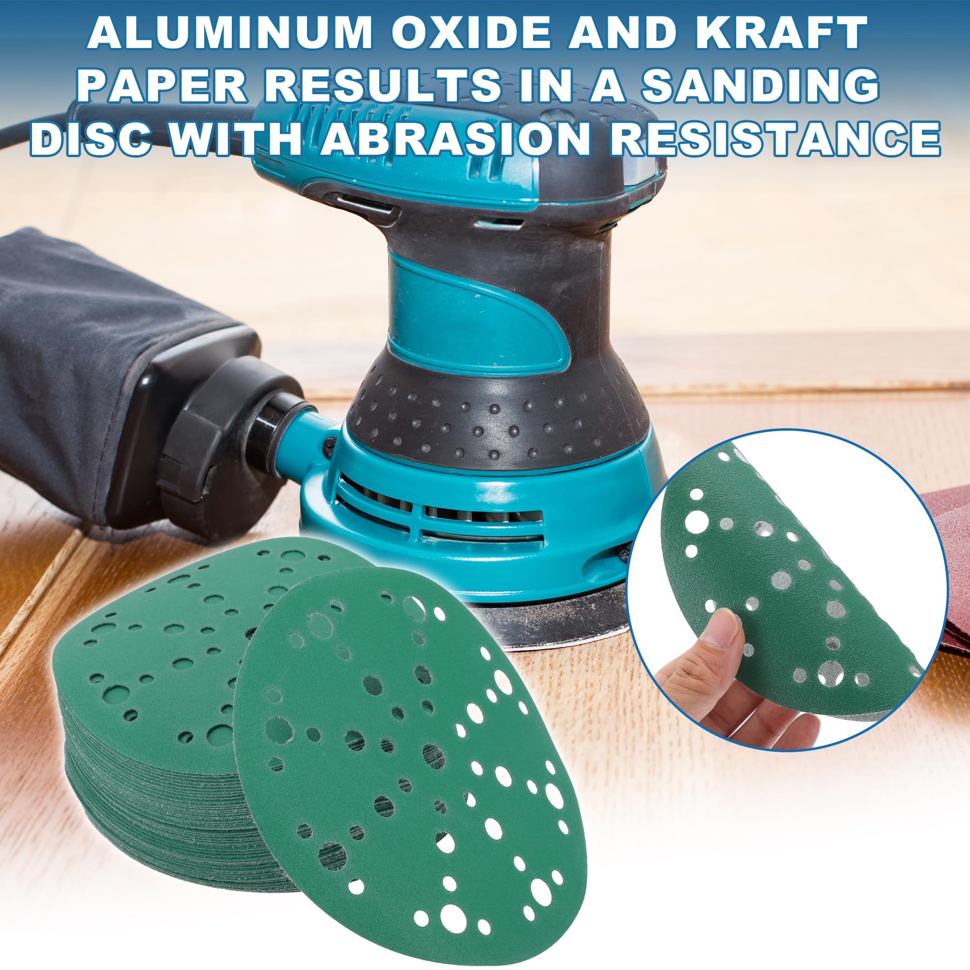 A ABSOPRO Sanding Discs 6 Inch 49 Hole 180 Grit Round Hook and Loop Sandpaper Aluminum Oxide Green 50pcs, 6" - Image 2