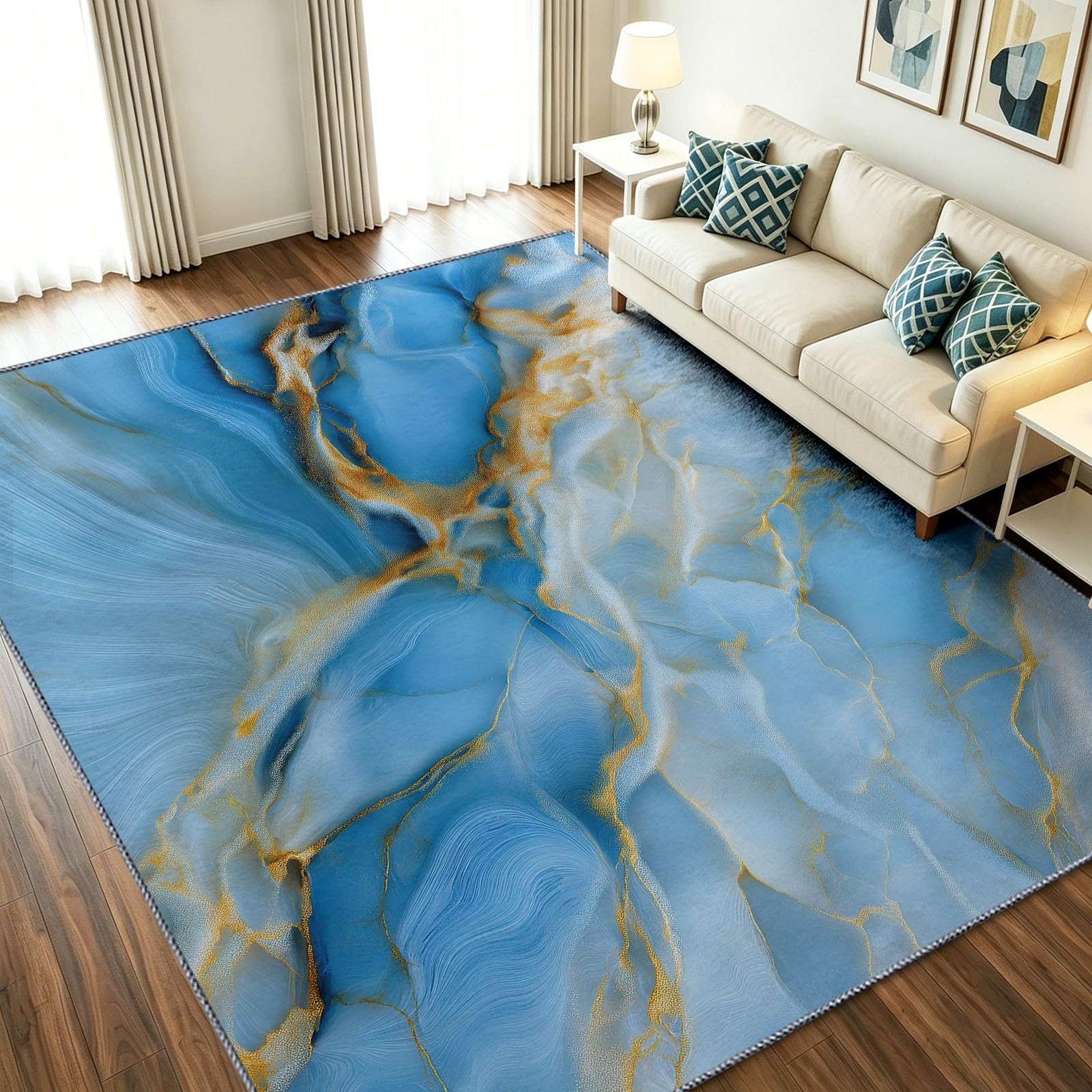 Alfombra azul de salón grande 160x230 cm con diseño abstracto de líneas fluidas lavable