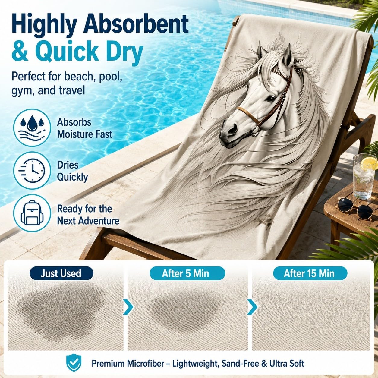Serviette de Plage Cheval Blanc Microfibre Rapide 200x200 cm