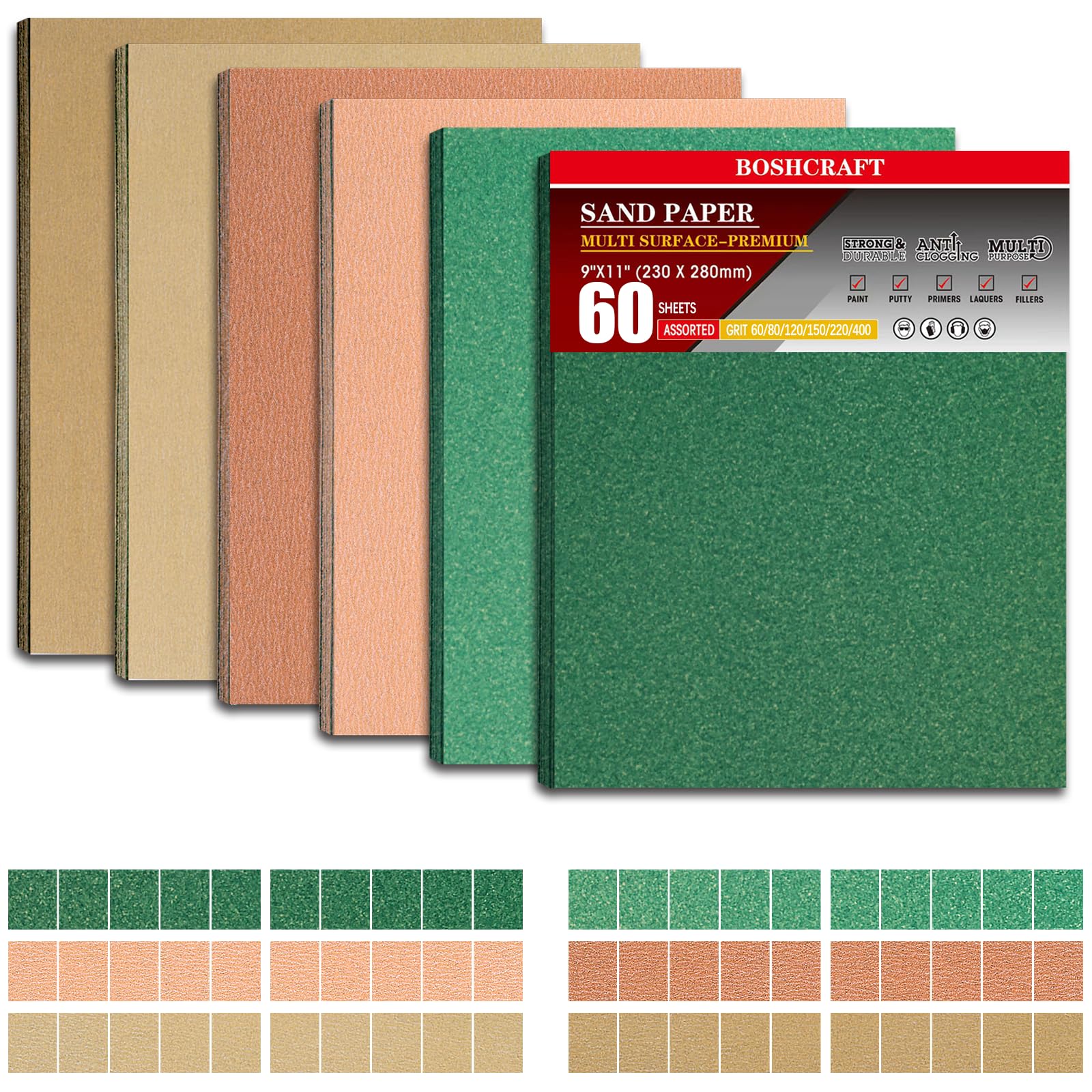 BOSHCRAFT 60 piezas de papel de lija de alta calidad, 23 x 28 cm para madera de metal muebles lijadora de mano acabado automotriz 60/80/120/150/220/400 grano surtido de papel de lija para uso