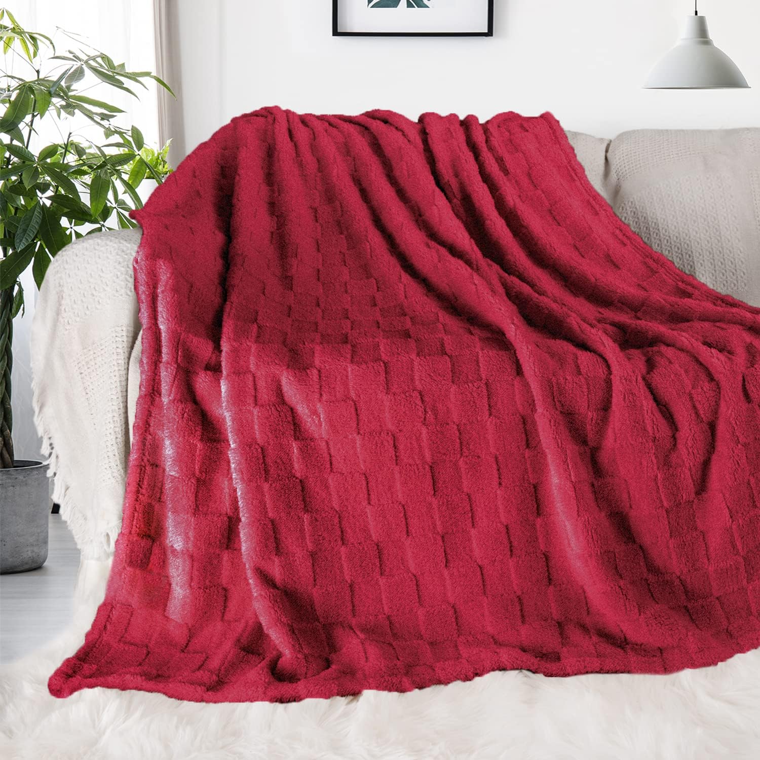 BOPRIO Throw Blanket Fuzzy Plaid Blanket for Sofa Couch or