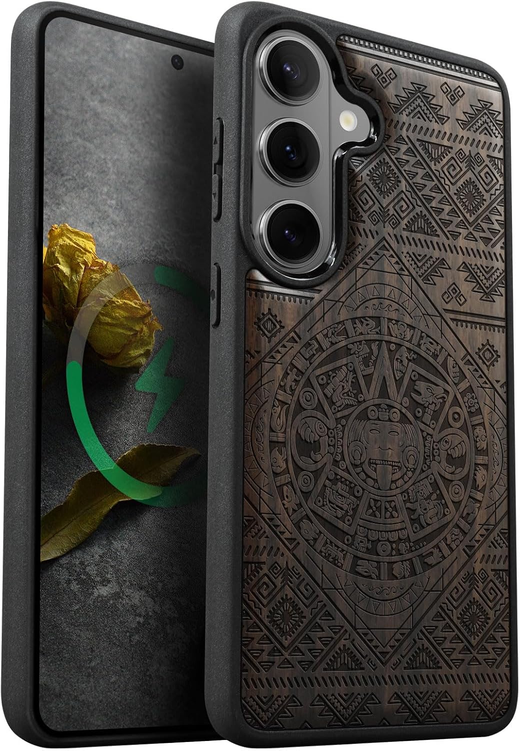 Carveit Magnetic Wooden Case for Samsung Galaxy S26 Case 2026, TPU Shockproof Cover & Wood Artisan Engraved, Compatible with MagSafe Wireless Chargers (The Aztec Calendar) Blackwood