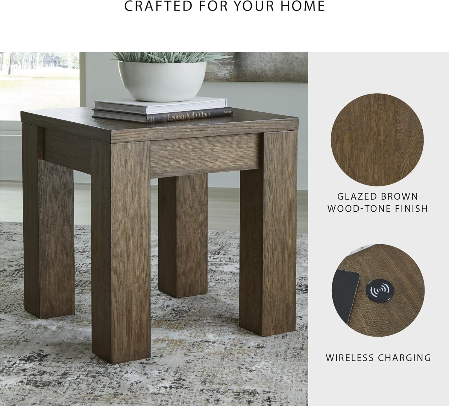 Signature Design by Ashley Rosswain Contemporary End Table with Wireless Charging, Dark Brown
