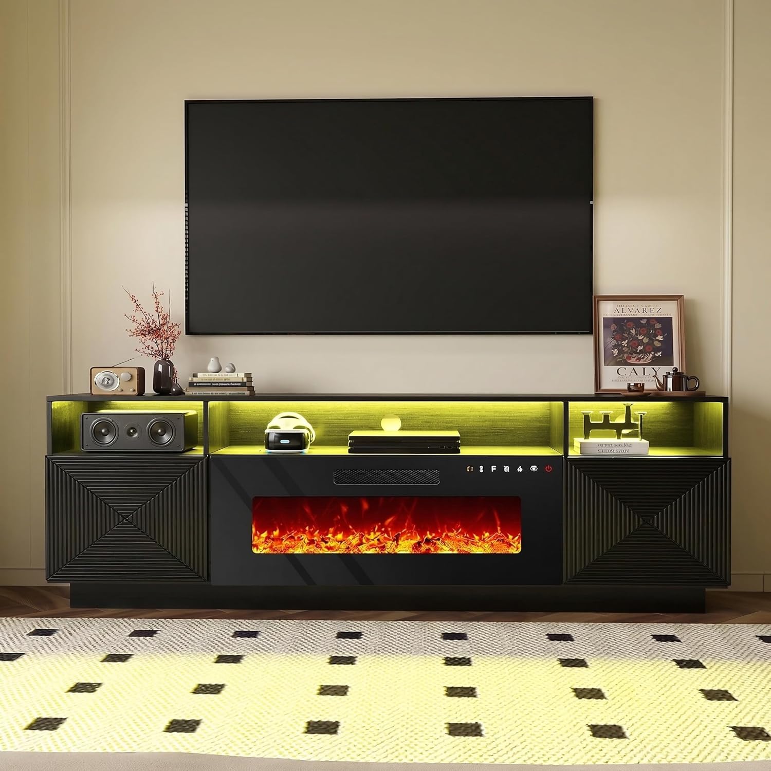 70" Electric Fireplace TV Stand for Living Room, Black Entertainment Center with Fireplace and LED Light, Full Black