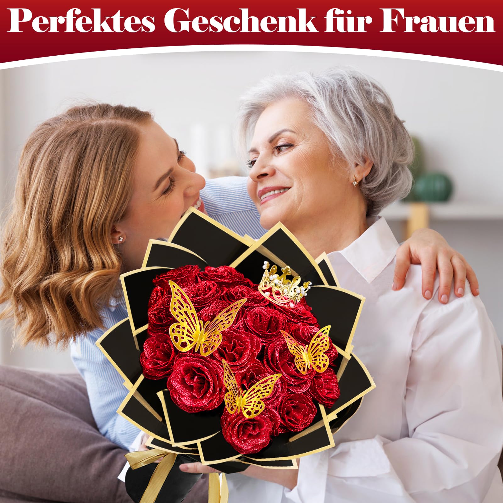 LARDUX 24 Stück Glitzer-Rosenstrauß, Glitzer Rosen Bouquet, künstliche Rosensträuße, DIY künstliche Glitzer-Blumensträuße mit Krone für Geschenke Hochzeitstag Verlobungstag Geburtstag, Muttertag
