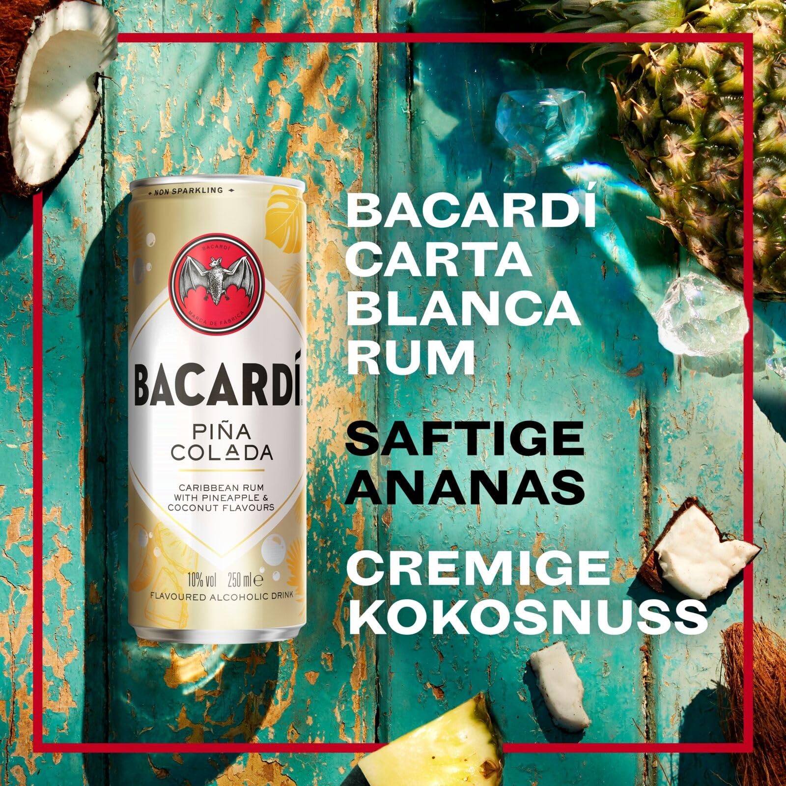 BACARDÍ Piña Colada, 10% Vol., 12 x 25 cl/250 ml, Ready-To-Drink Cocktail in der Dose, trinkfertig mit BACARDÍ Carta Blanca Rum, Ananas und Kokosnuss