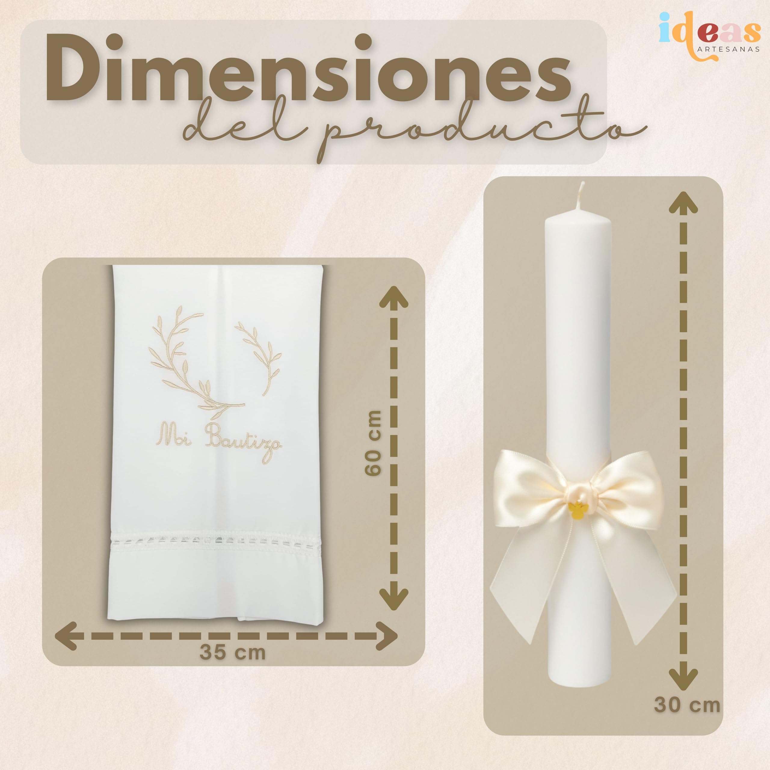 Kit de Bautizo Personalizado | Vela Artesanal con Lazo, Pañuelo Bordado y Concha Bautismal | Pack Premium con Vela Bautismo,Toalla de Bautismo Bordada, Concha Marina | El Recuerdo Perfecto (Beige)