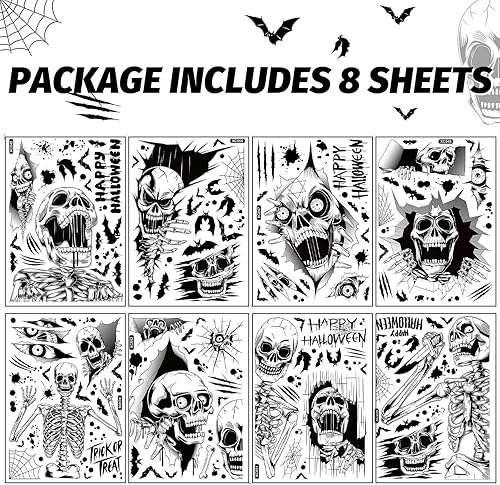 Miniatura 2 de Decoración de ventana de Halloween para ventana de cristal, calcomanías de esqueleto 3D dibujado a mano de doble cara para decoración de fiesta