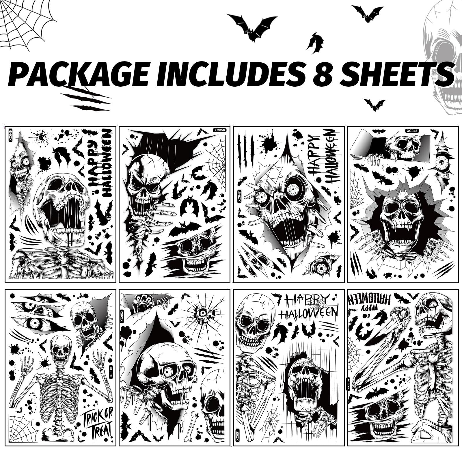 Tuzuaol Halloween Window Clings Decals, 3D Double-Side Hand-Drawn Scary Skeleton Stickers for Glass Window Party Decorations