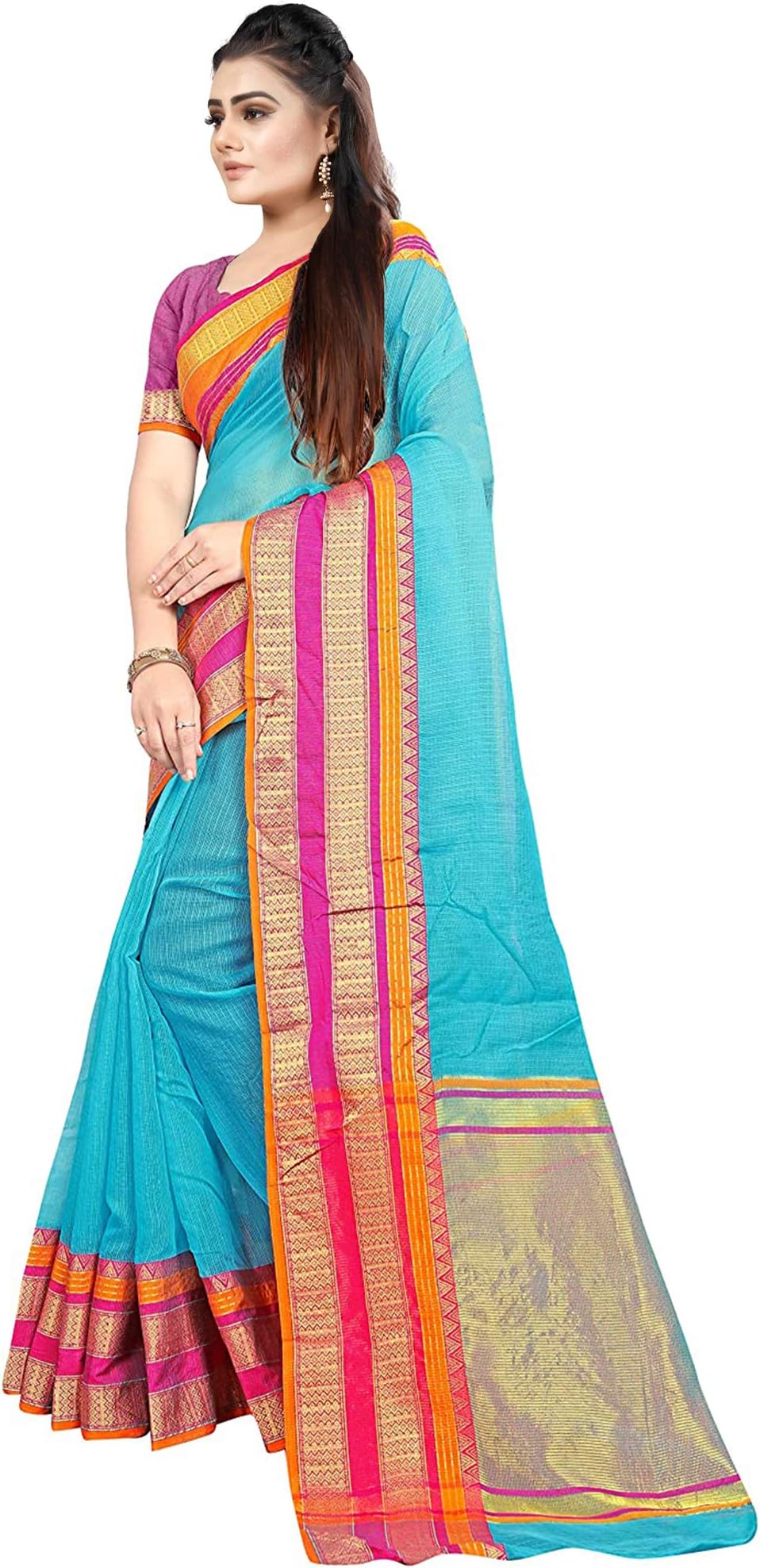SWORNOFWomen's & Girl's Kota Doria Cotton Saree With Blouse Piece