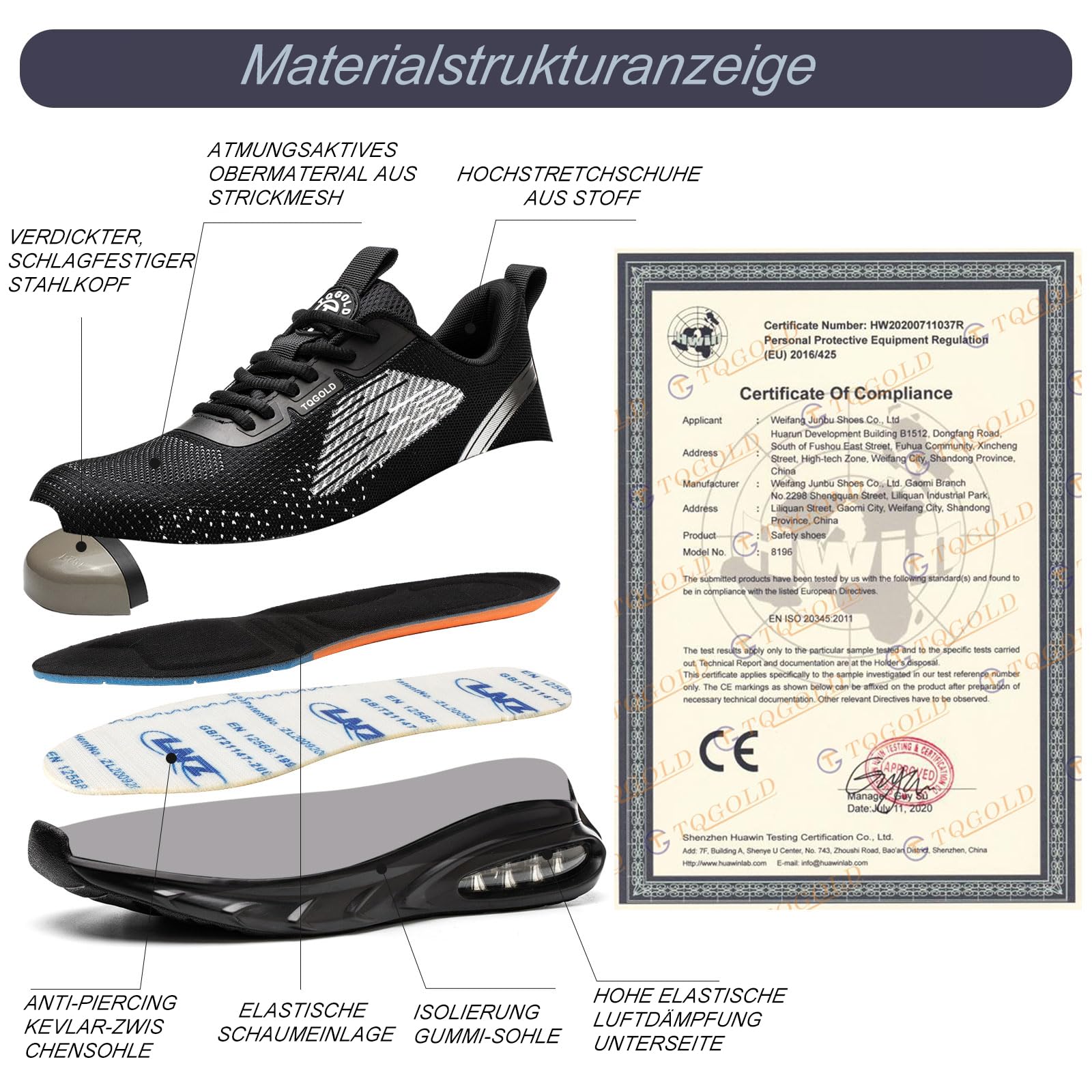 TQGOLD Obuwie ochronne Mężczyźni Kobiety Buty ochronne Amortyzacja Ochrona Stalowy nosek Buty robocze, czarny, 45 EU