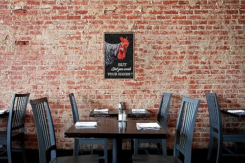 Miniatura 7 de Flyhaw Cartel de metal divertido de gallinero con texto en inglés But Did You Wash Your Hands Ranch, letrero retro de gallo para garaje, cocina,