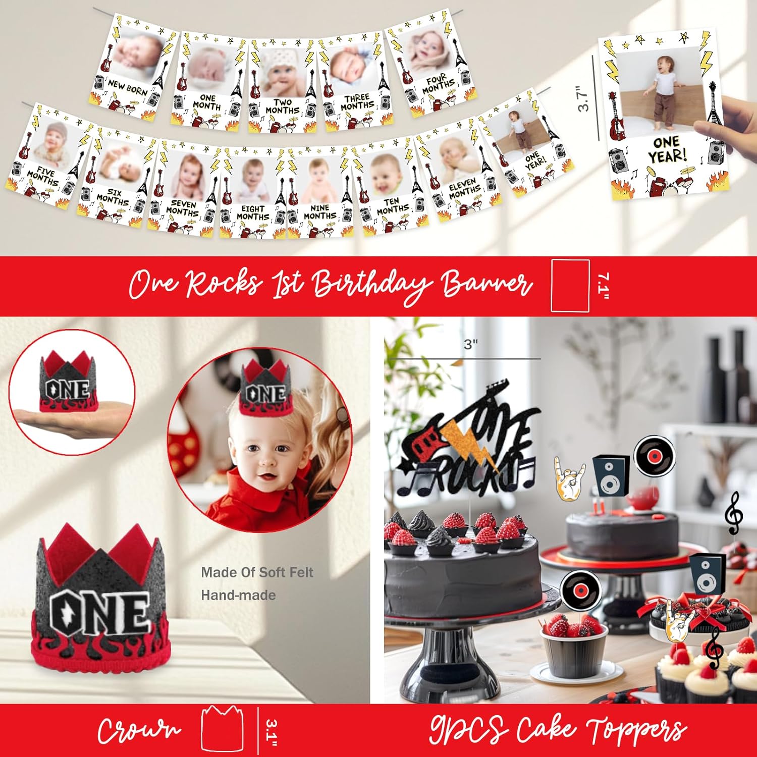 One Rocks 1st Birthday Decorations, Rock and Roll First Party Decorations, Born to Rock One Backdrop Balloon Banner Tablecloth Cake Topper Box Cutout Crown Poster for One Year Old Birthday