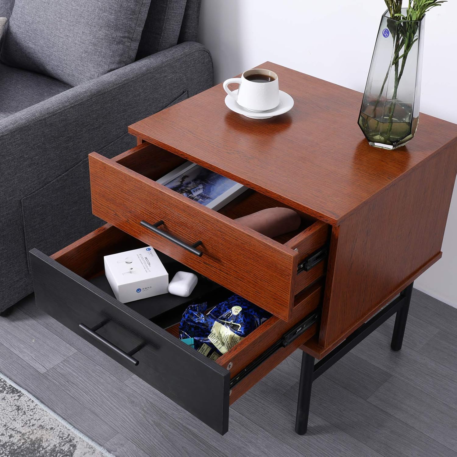 Amаzоn Crаzу 🔥 Dеаlѕ SCOZER End Table with 2 Drawer Storage, Side Table w Metal Leg, Mid-Century Nightstand Wood Look Accent Furniture Fine Decor, for Living Room Bedroom Narrow Small Spaces, Vintage Rustic Brown