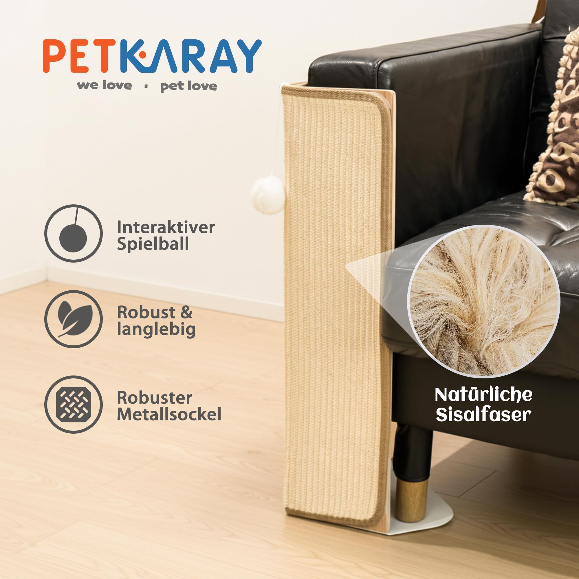 PETKARAY Sisal Kratzbrett Katze, 60 cm Sofaschutz mit Ballspielzeug