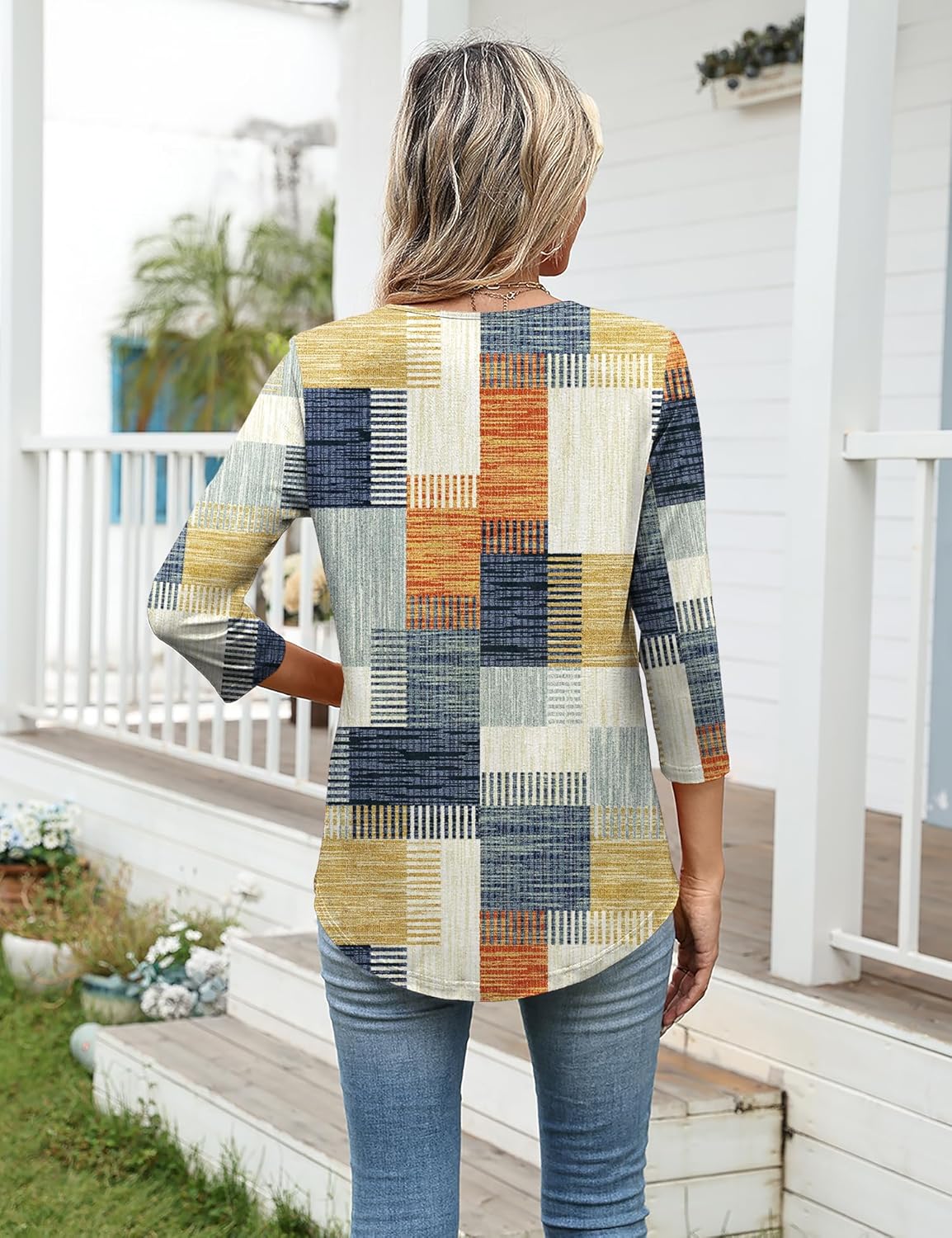 Ivicoer Women's 3/4 Length Sleeve Tops Crewneck Button Pleated Dressy Casual Blouses - Image 3