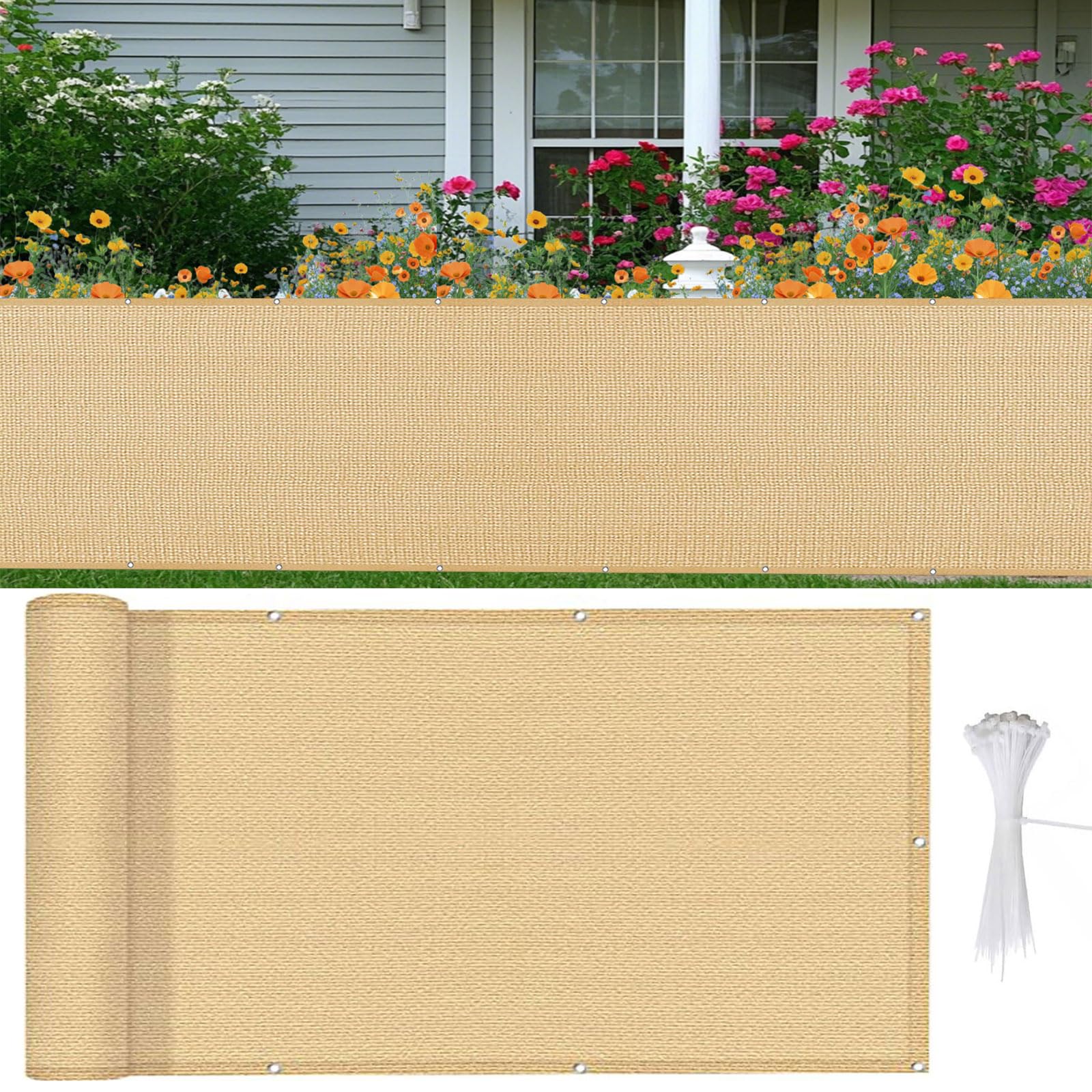 Brise vue balcon 75x720 cm en HDPE jaune sable avec œillets et attaches