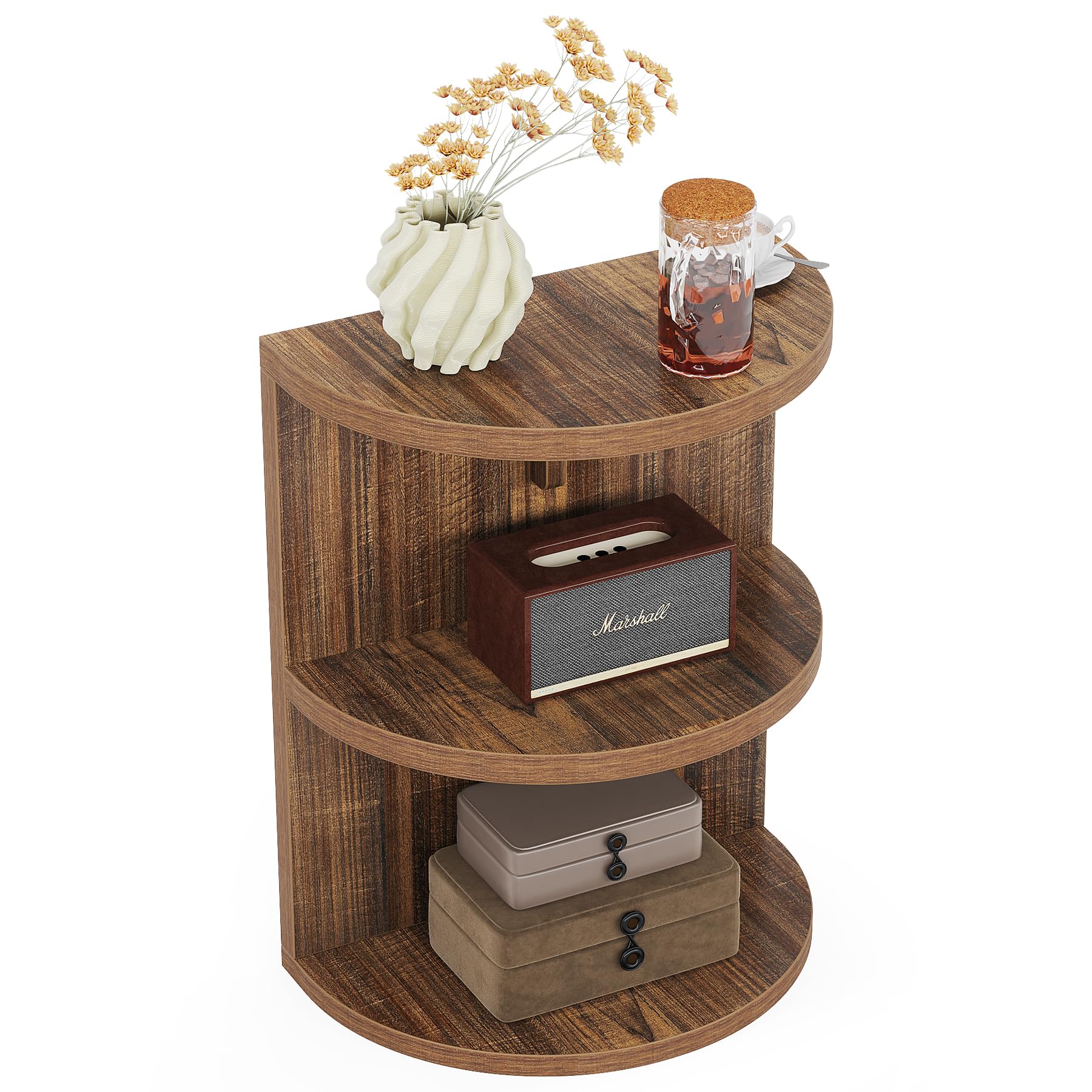LITTLE TREE 3-Tier Rustic Brown Half Round End Table, Narrow Semi Circle Side Table Nightstand for Bedroom