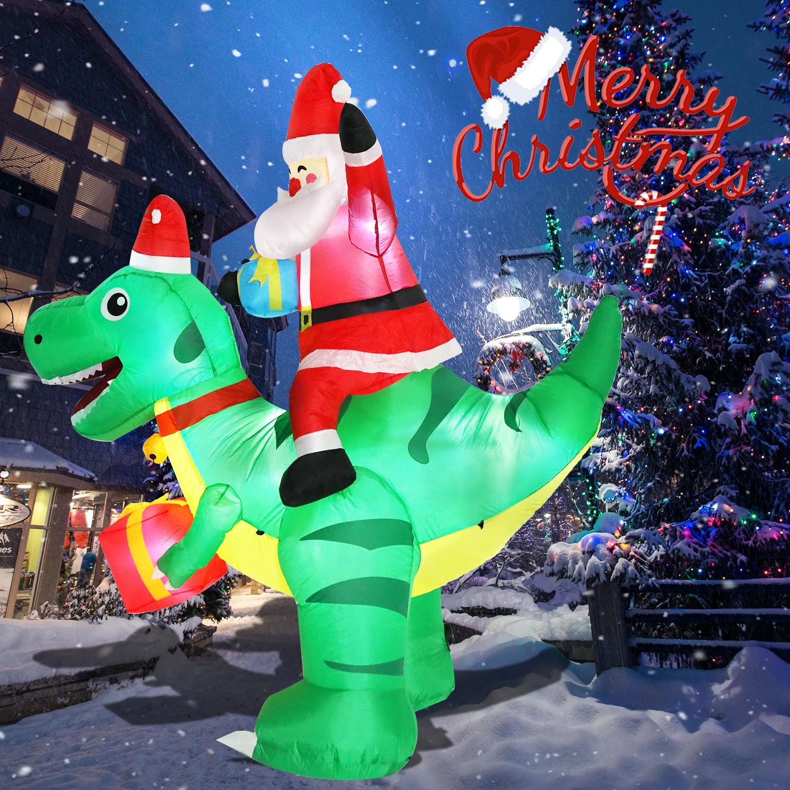 Dinosaurio inflable de Navidad de 6.5 pies de altura, decoraciones inflables de Papá Noel montando en dinosaurio, decoraciones de patio con luces LED integradas para Navidad, fiestas, césped,