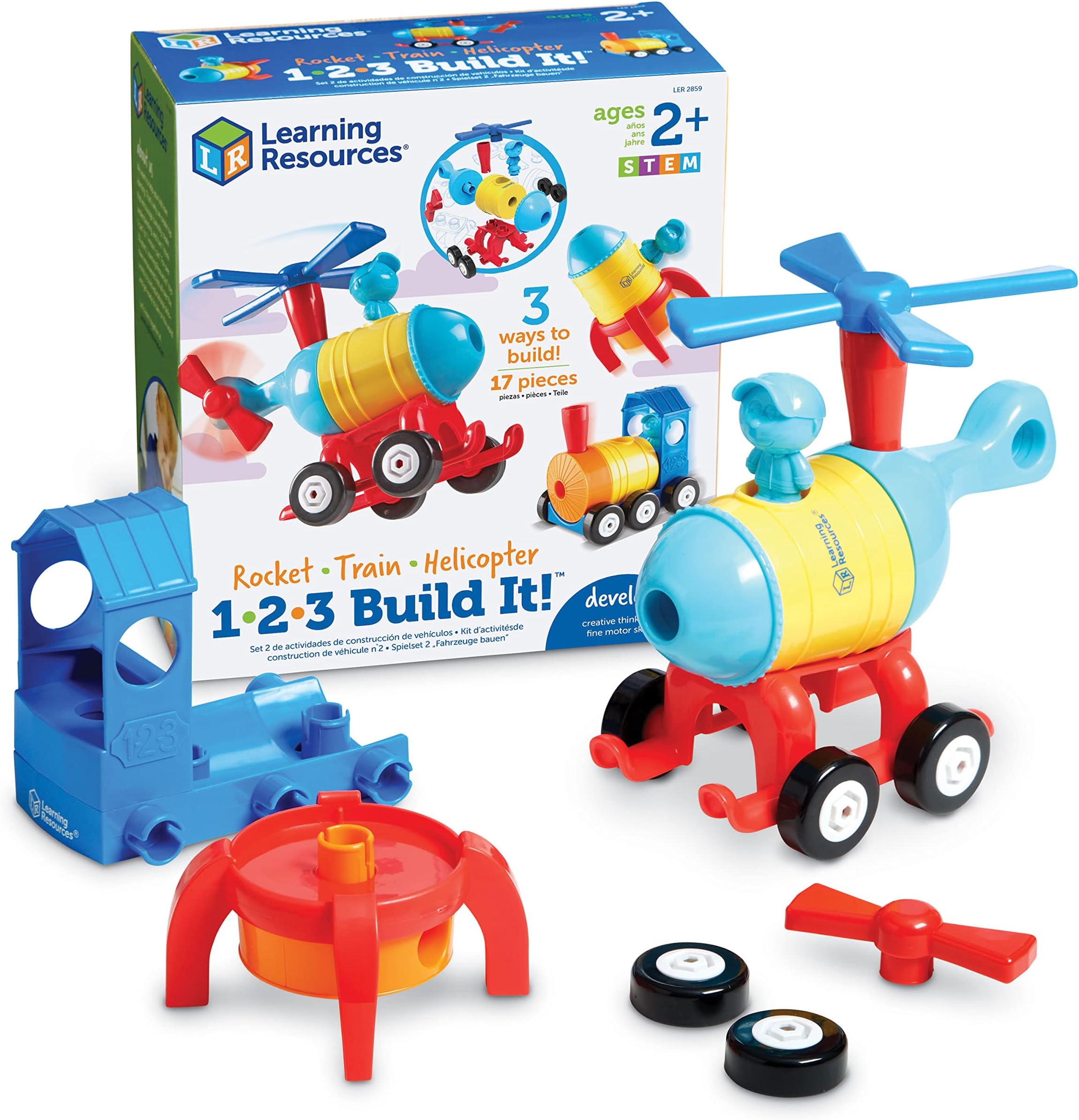 Learning Resources 1-2-3 Build It - Rocket-Train-Helicopter, Fine Motor Toy, Kids Building Set