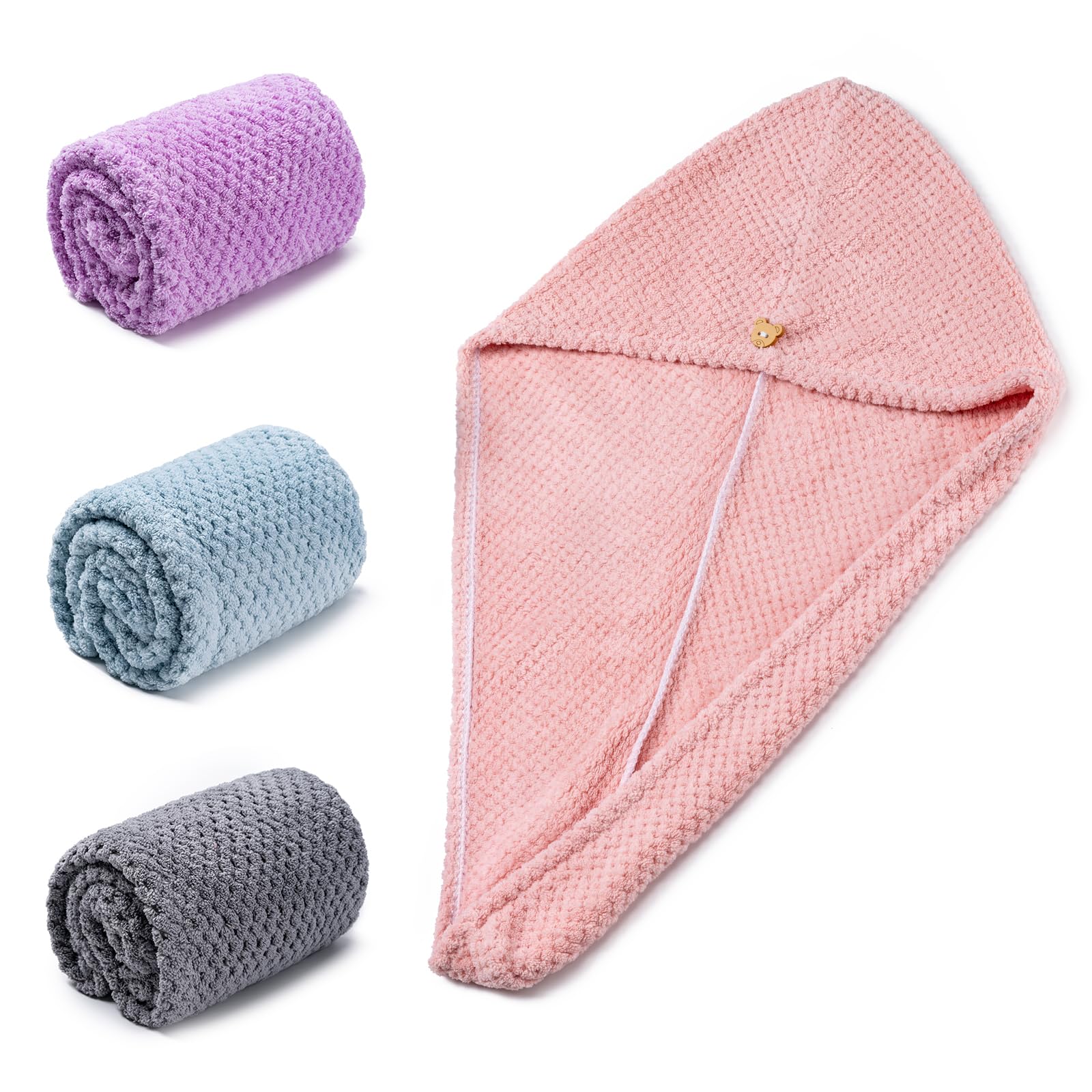 Hair Towel Wrap, 4 Packs 9.8 x 25.6 Inch Towel Turbans for Wet Hair, Dry Hair Towel, Headbands for Curly and Long Hair - Bathroom Must-Have for Ladies