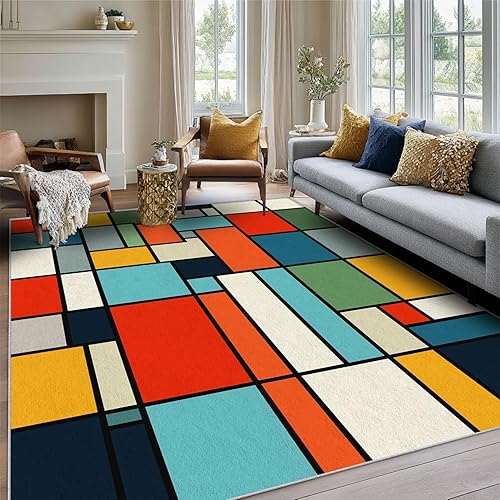 Miniatura 138 de Alfombra retro de los años 70, alfombras de área de 6 x 8 pies, patrón geométrico moderno de mediados de siglo, para sala de estar, dormitorio,