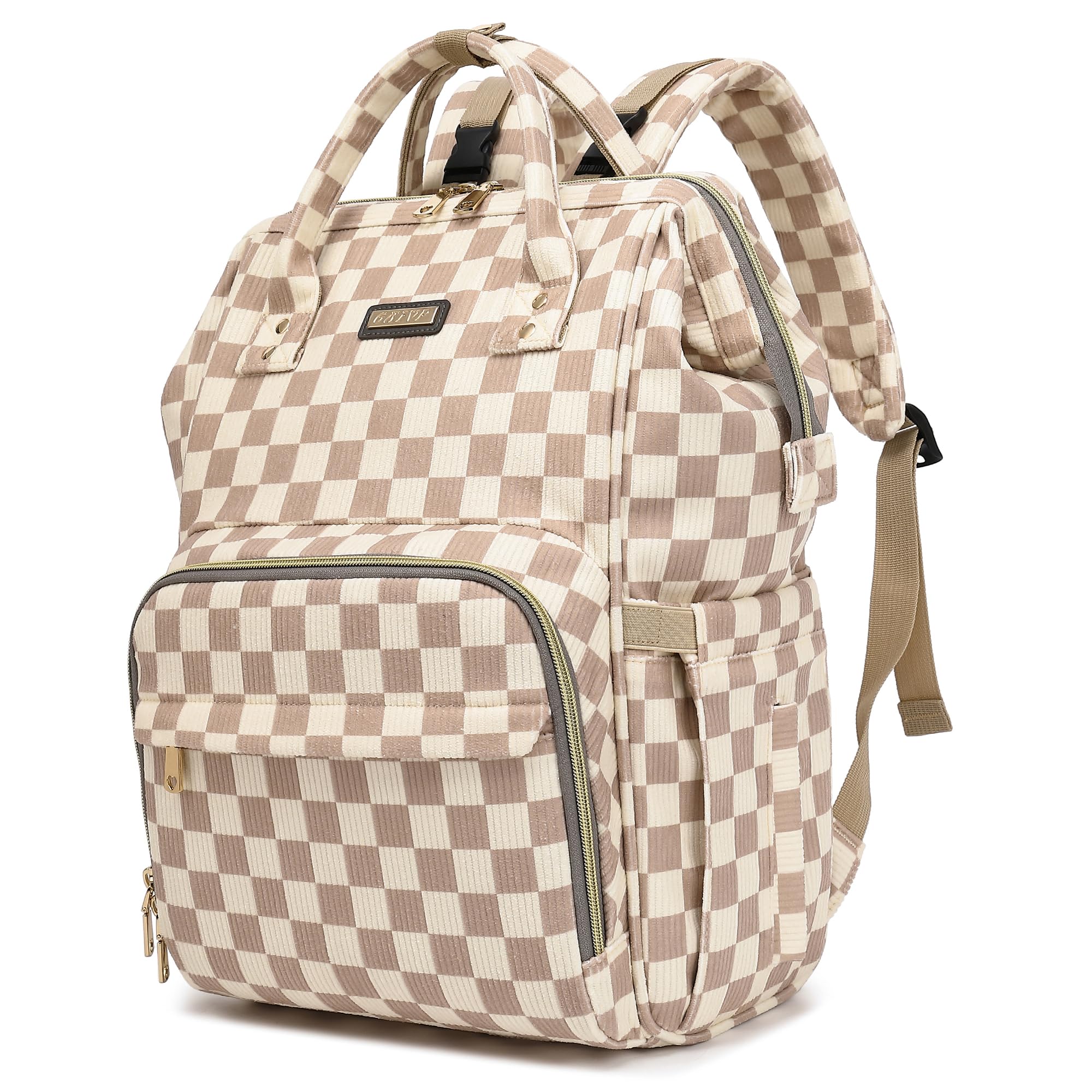 GAIVP diaper backpack for baby, Checkered Brown, 13.5 x 7.5 x 18 inches, Diaper Backpack