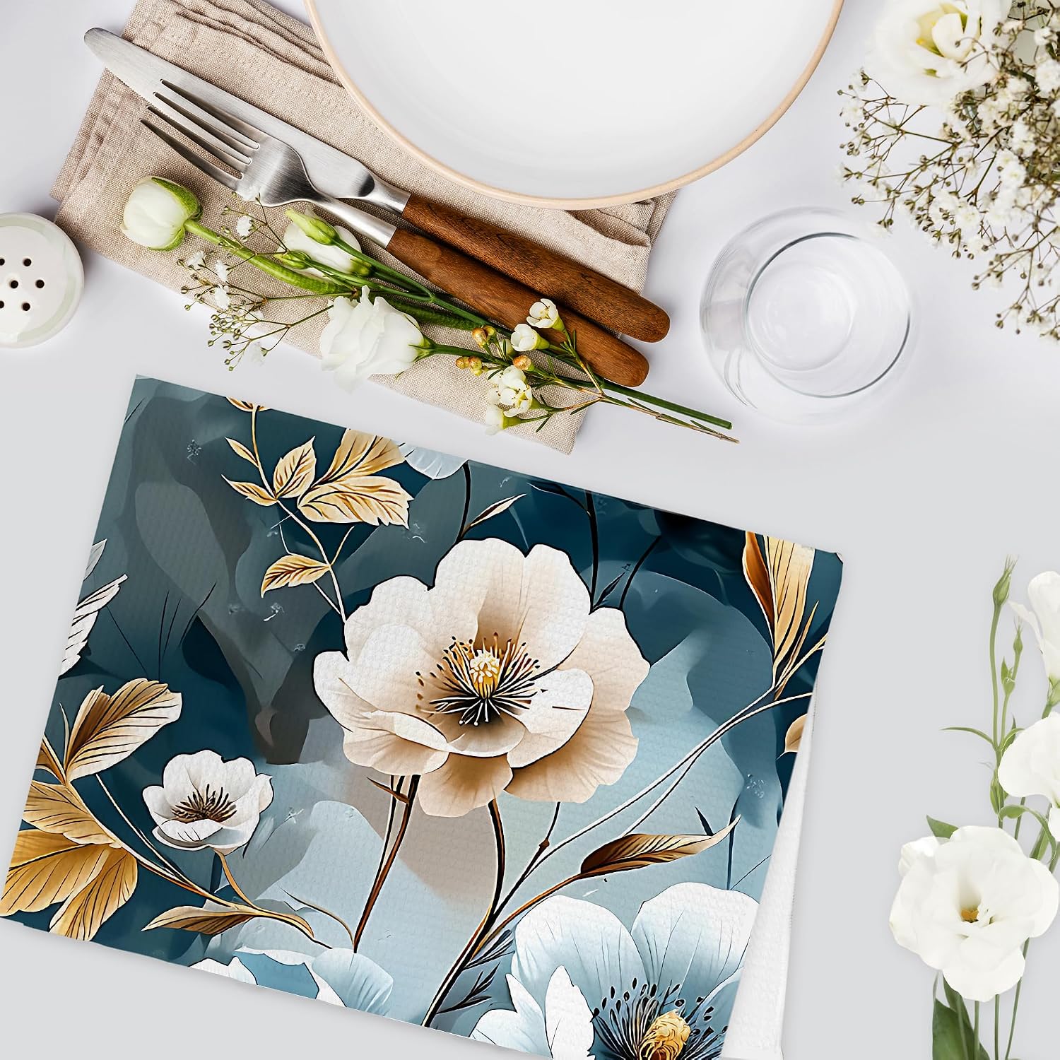 Lotus Floral Kitchen Towels, Gold Lotus Flower Yoga Hand Towels Set of 2, Blue Floral Decorative Hand Dish Tea Towel for Kitchen Bathroom Decor, Lotues Towel Gifts for Women, 16x24 Inch image 3