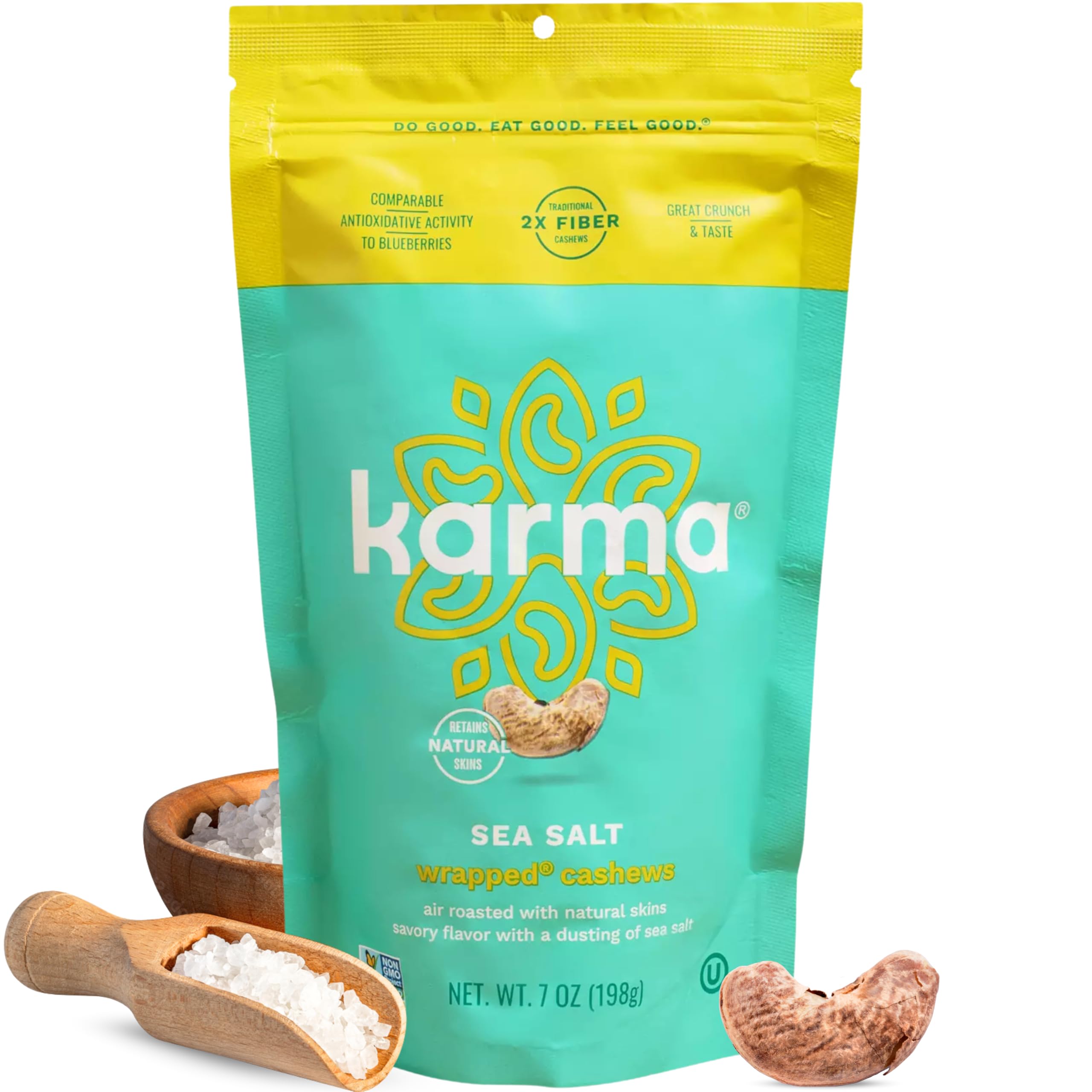 Sea Salt Wrapped Whole Cashews by Karma Nuts, Air Roasted with Natural Skins, 2X more Fiber, Whole 30, Peanut-Free Facility, Kosher, Everyday Nut Snack, 7oz Resealable Bag