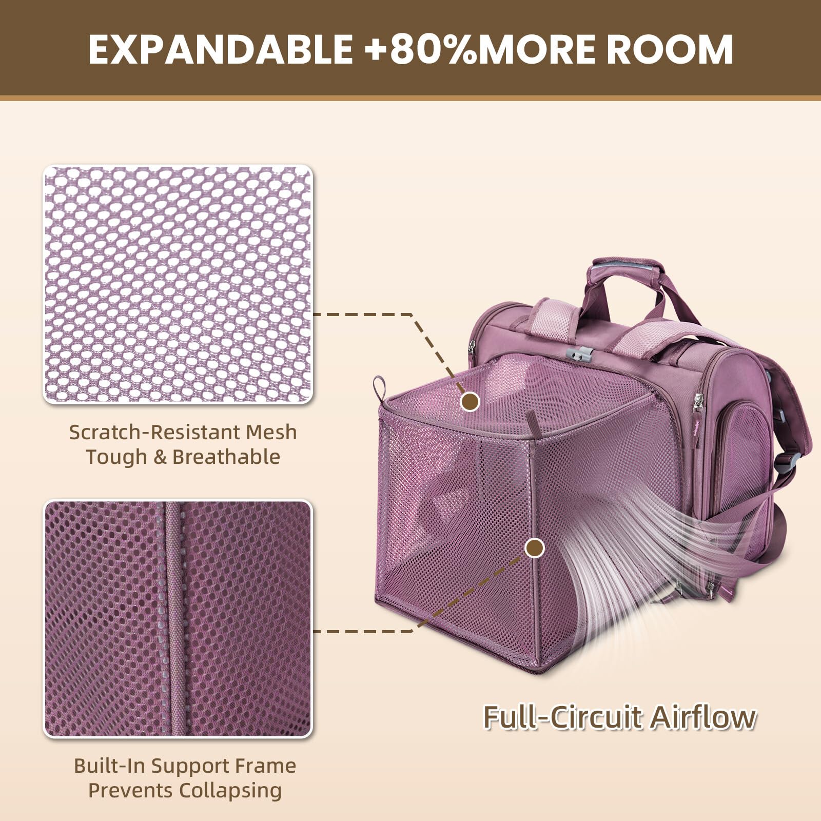 Lollimeow Expandable Cat Carrier Backpack for Large Cats - Airline Approved Pet Carrier Backpack for Small Dogs, Hiking & Travel, Waterproof with Breathable Mesh, 14lbs Capacity (Plum, Standard) - image 3