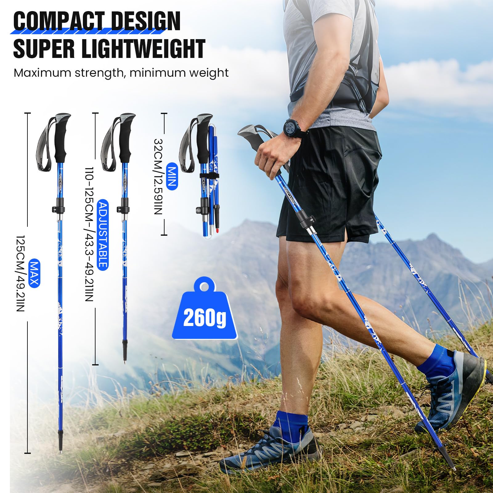 Bastoni Trekking Scuro,Bastoncini da Trekking Pieghevoli e Antiurto110-125cm, 2 Pezzi Nordic Walking Bastoncini,Ultraleggero per Zaini da Campeggio,per Escursioni,Montagna,Nordic Walking