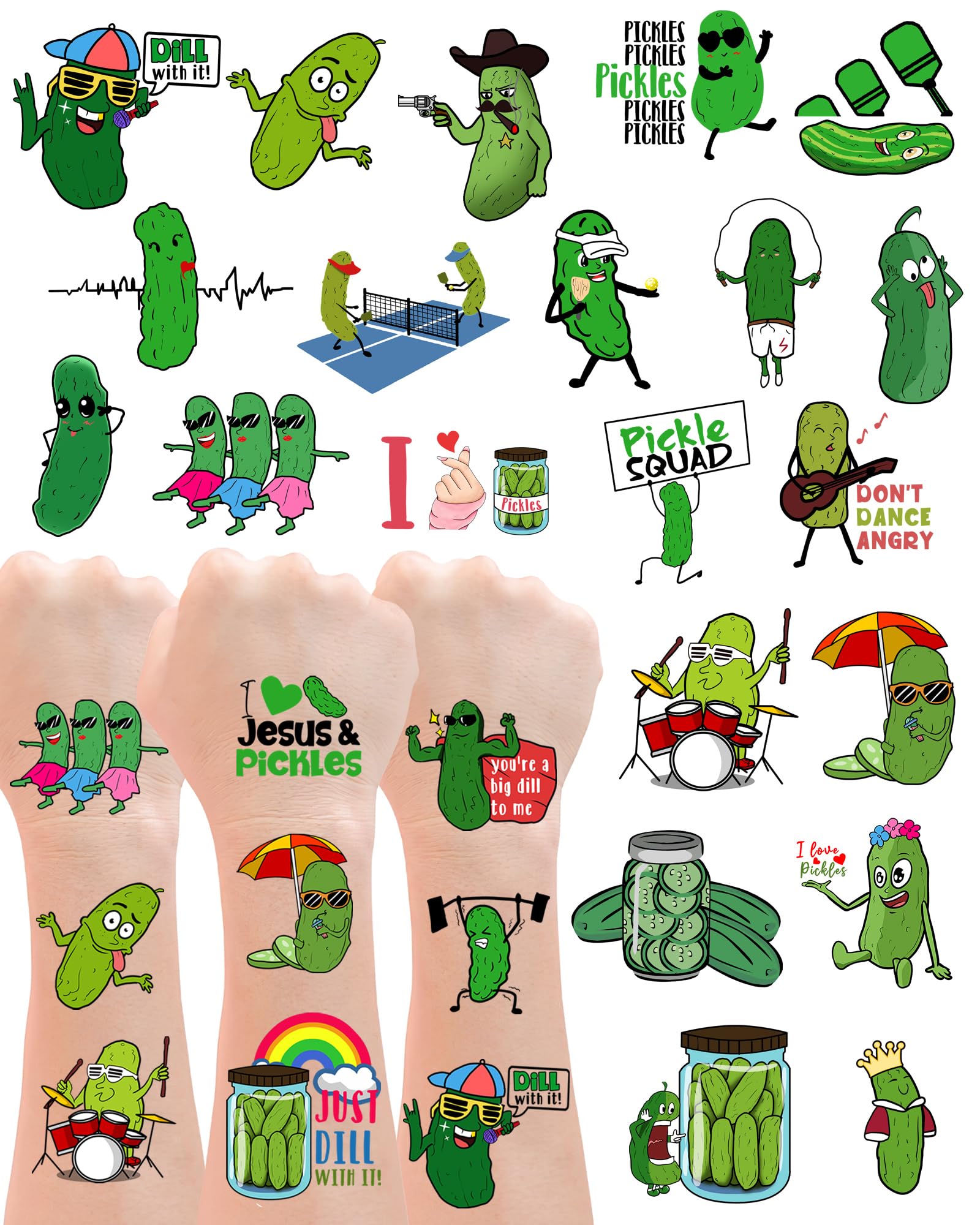 YanZonic 138 PCS Pickle Funny Temporary Tattoos Pickle Stickers - Pickle Gifts for Pickle Stuff Lovers, Suitable for Pickle Party Decorations and Pickle Birthday Decorations party favors, 15 Sheets